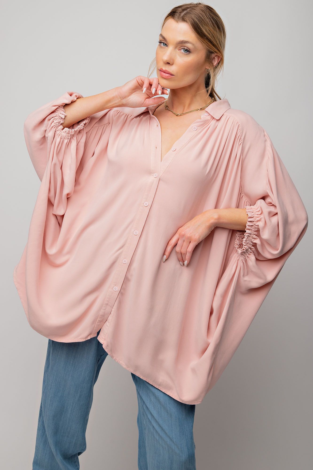 Easel Plus Mineral Washed Dolman Sleeve Button Down Tunic Tops