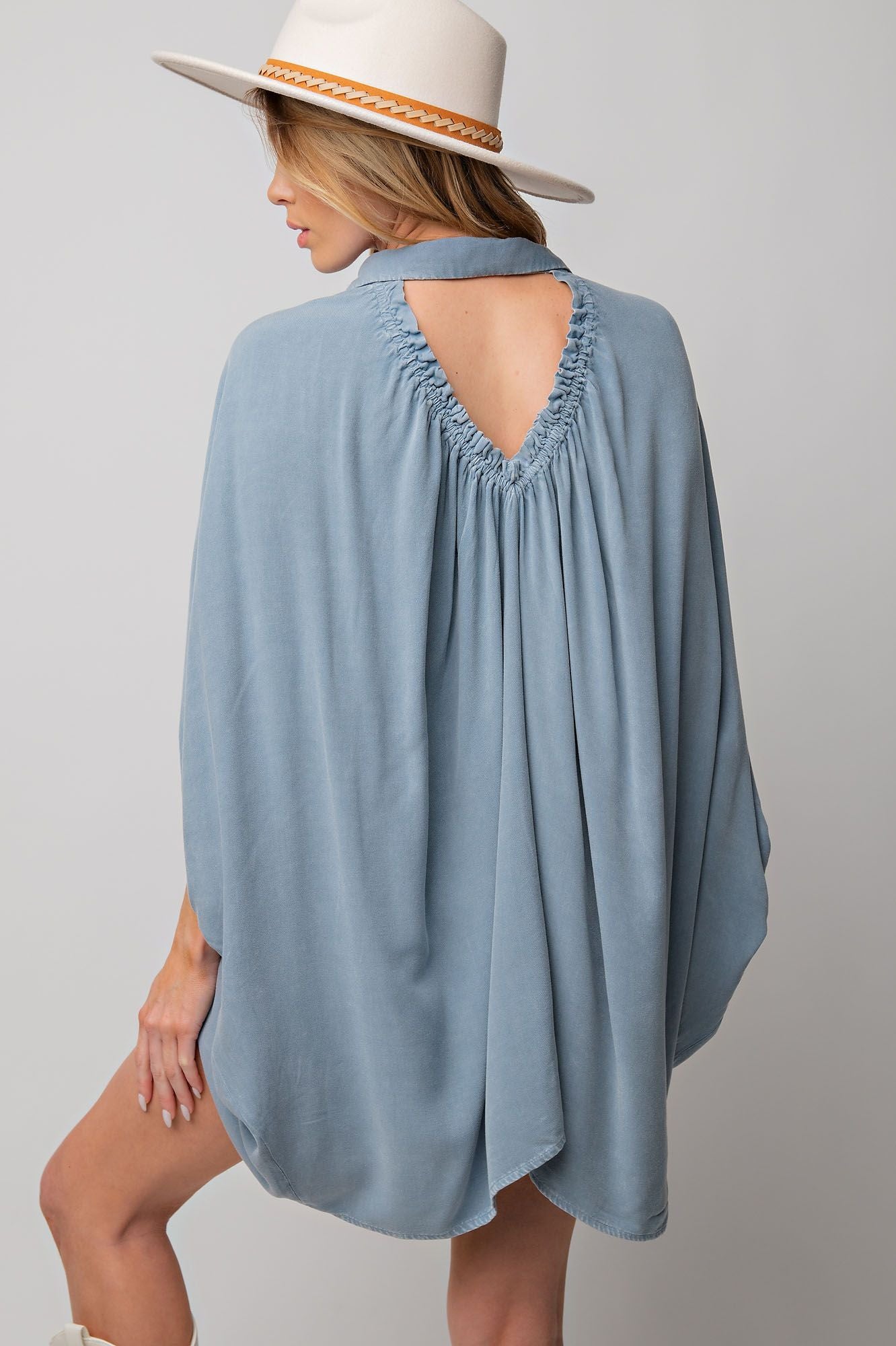 Easel Plus Mineral Washed Dolman Sleeve Button Down Tunic Tops