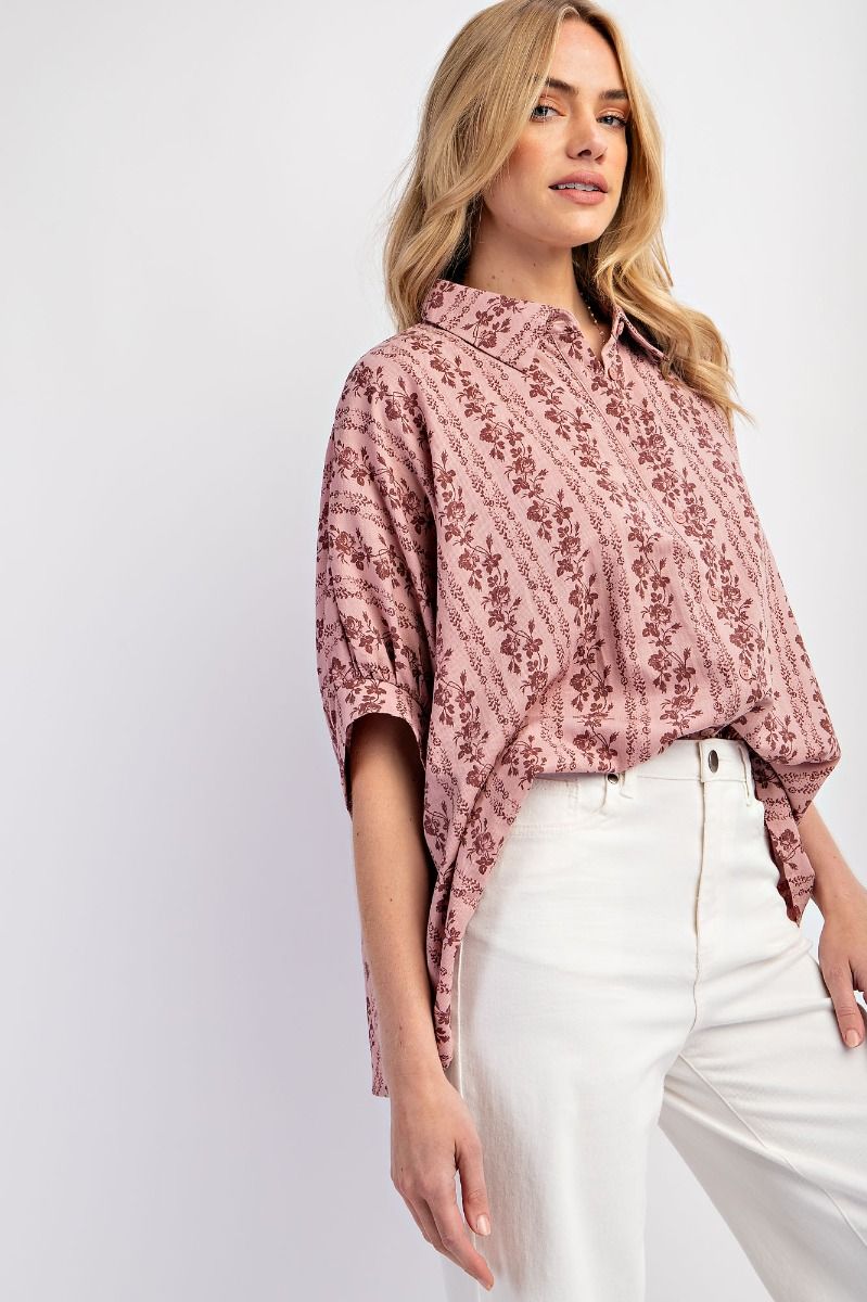 Easel Plus Floral Printed Cotton Gauze Shirt Tops