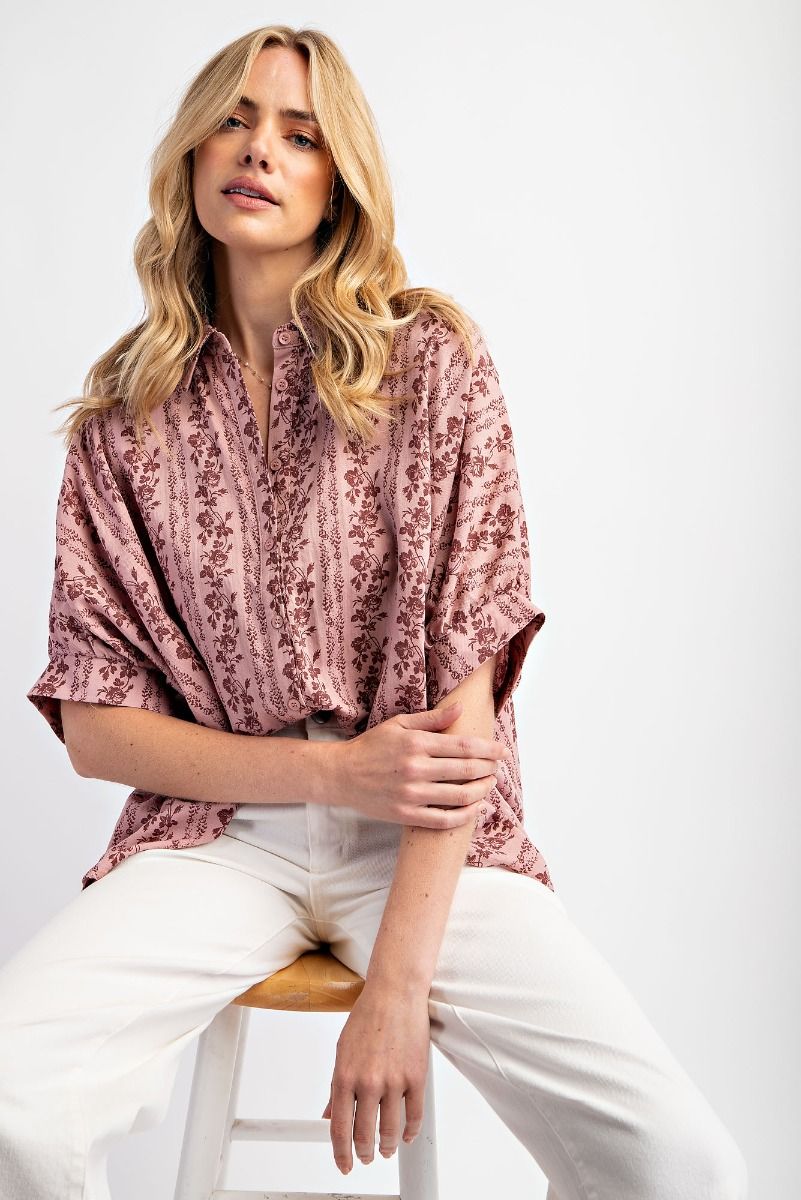 Easel Plus Floral Printed Cotton Gauze Shirt Tops