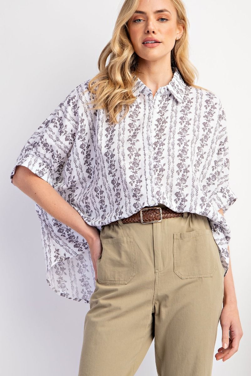Easel Plus Floral Printed Cotton Gauze Shirt Tops