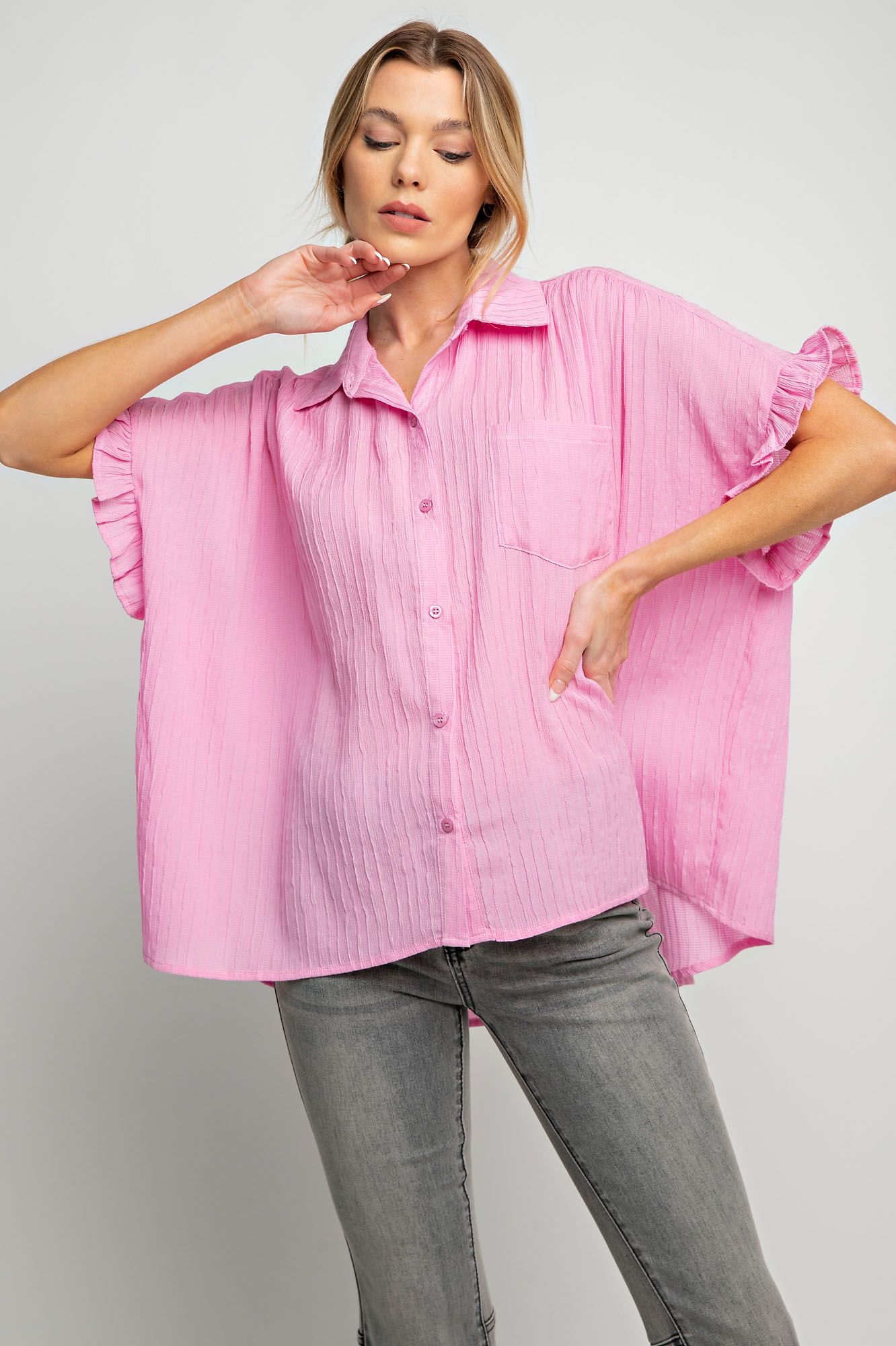 Easel Plus Textured Woven Short Sleeve Boxy Ruffle  Tops