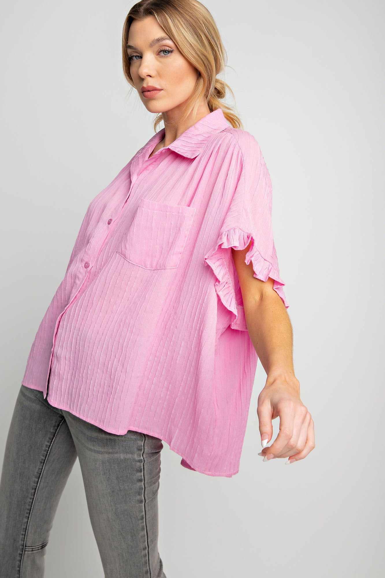 Easel Plus Textured Woven Short Sleeve Boxy Ruffle  Tops