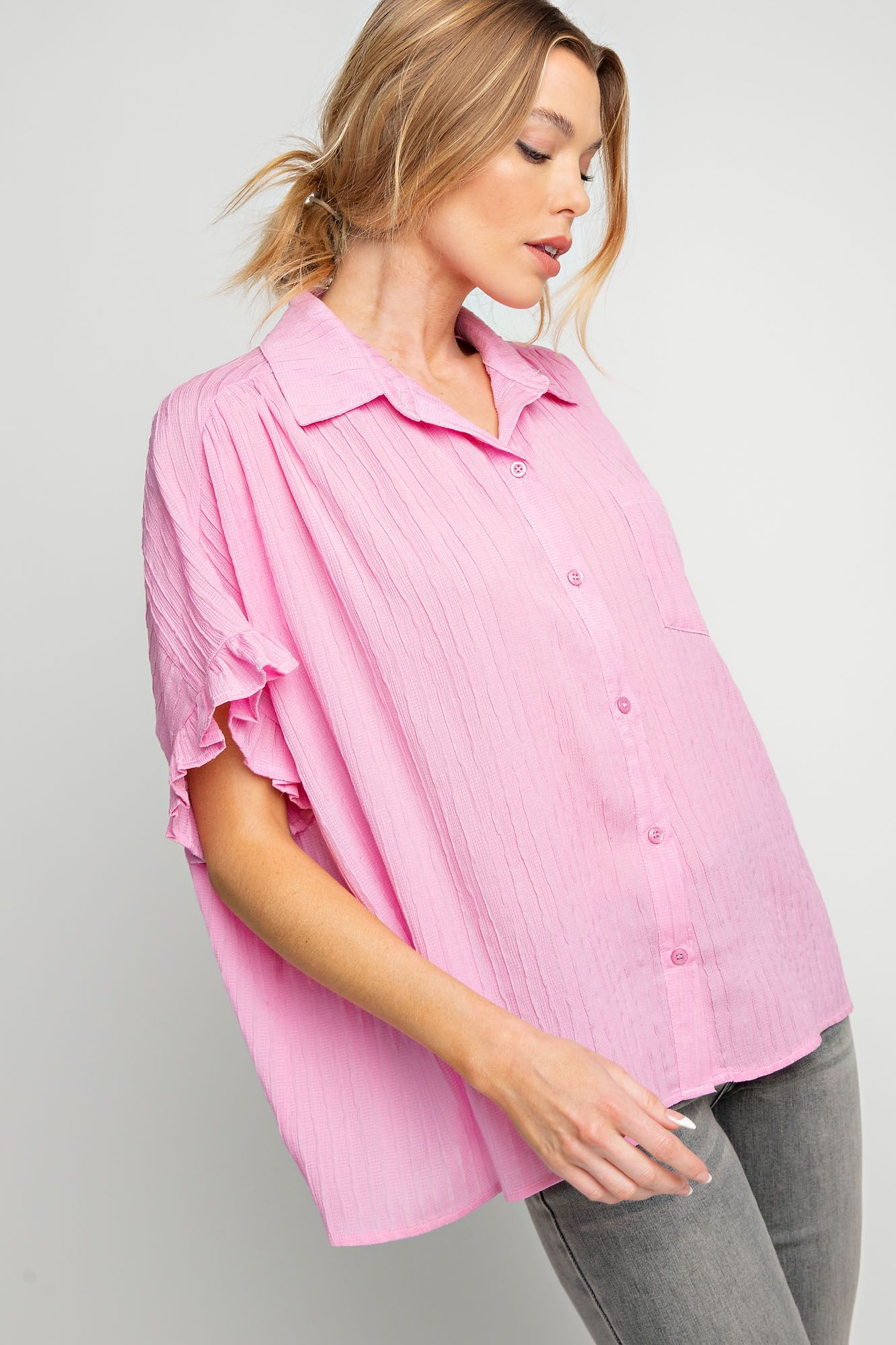 Easel Plus Textured Woven Short Sleeve Boxy Ruffle  Tops