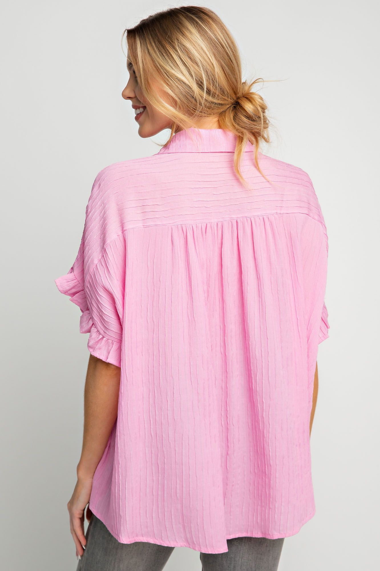 Easel Plus Textured Woven Short Sleeve Boxy Ruffle  Tops