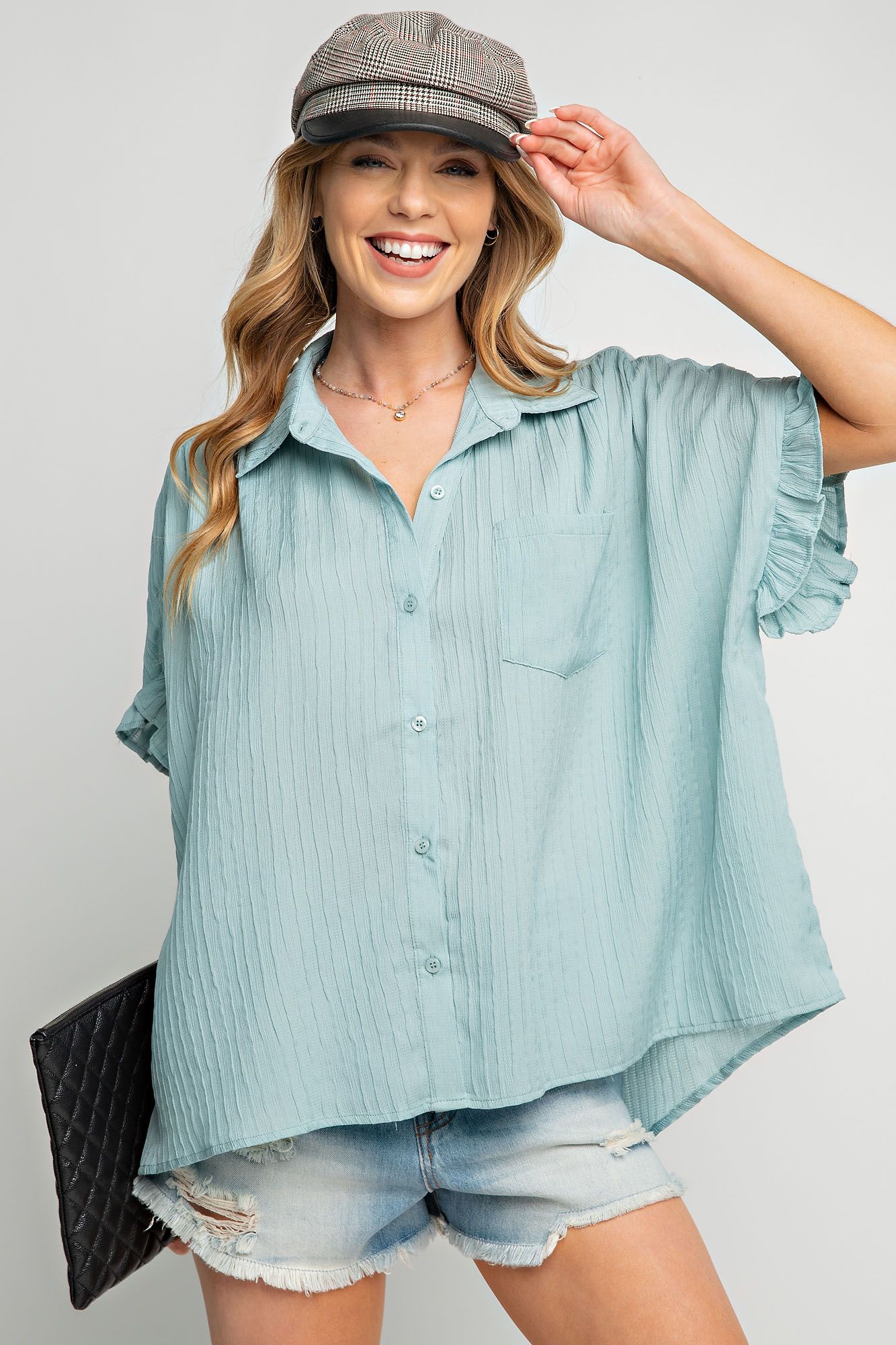 Easel Plus Textured Woven Short Sleeve Boxy Ruffle  Tops