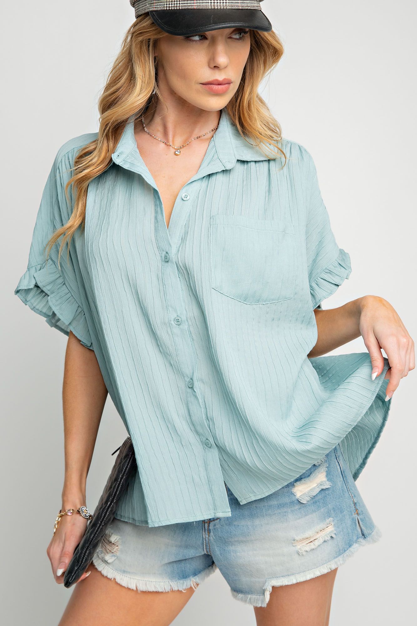 Easel Plus Textured Woven Short Sleeve Boxy Ruffle  Tops