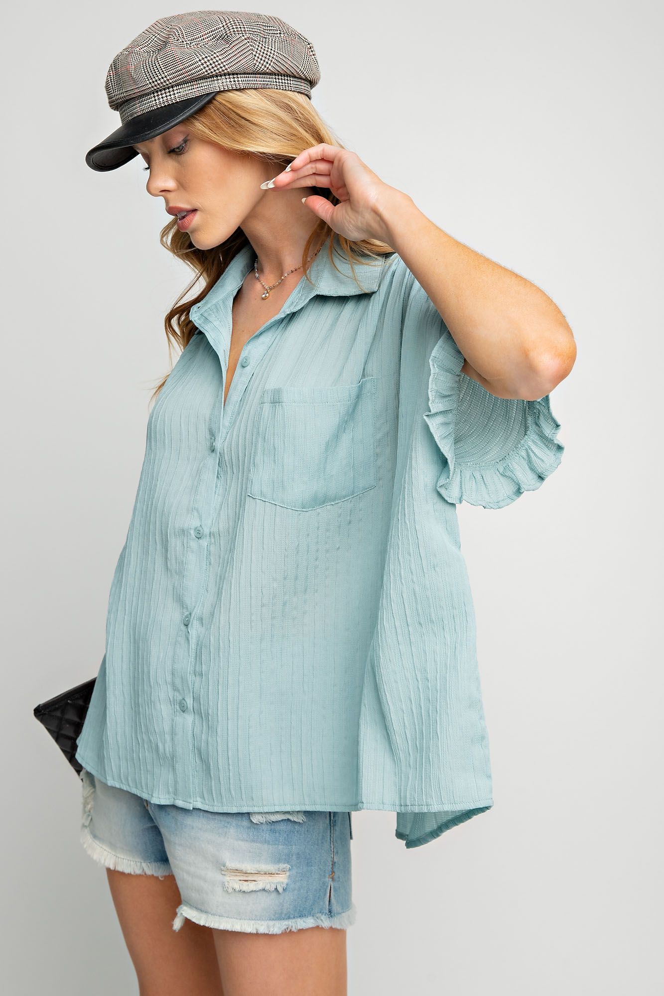 Easel Plus Textured Woven Short Sleeve Boxy Ruffle  Tops