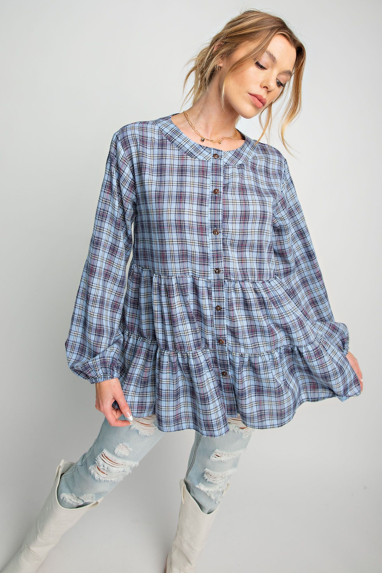 Easel Plus Plaid Printed Button Down Ruffle Tunic Tops