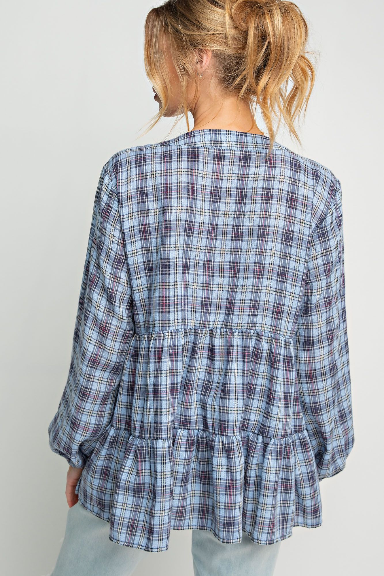 Easel Plus Plaid Printed Button Down Ruffle Tunic Tops