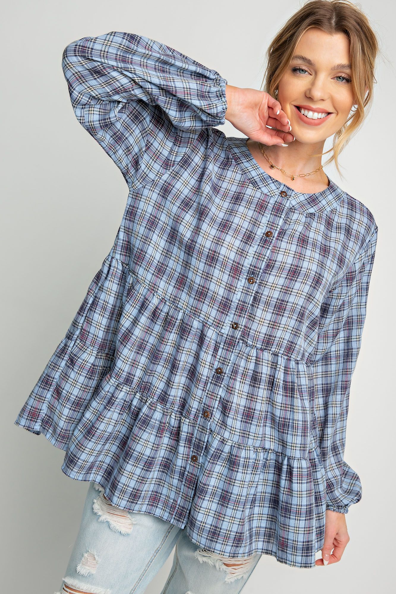 Easel Plus Plaid Printed Button Down Ruffle Tunic Tops