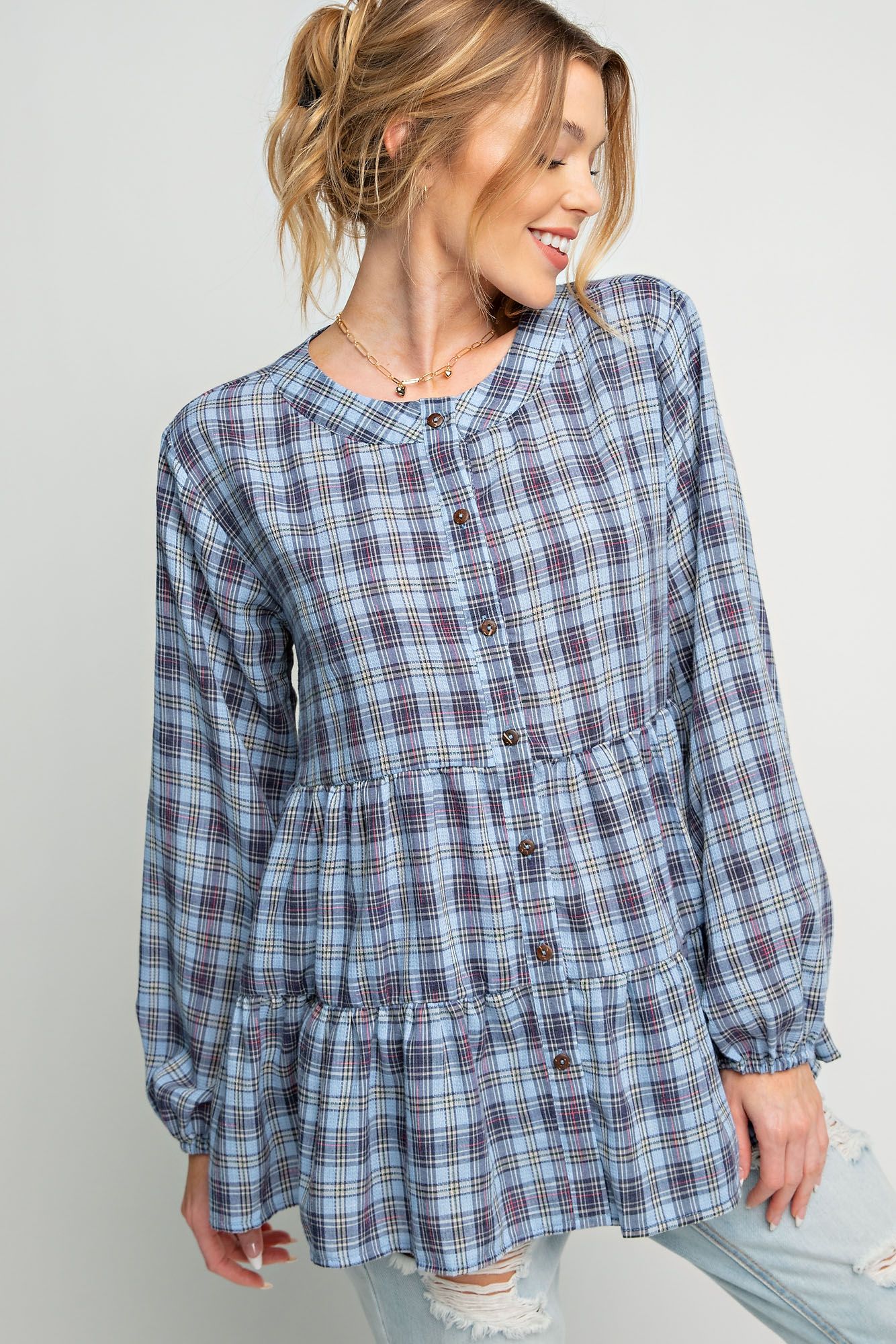 Easel Plus Plaid Printed Button Down Ruffle Tunic Tops