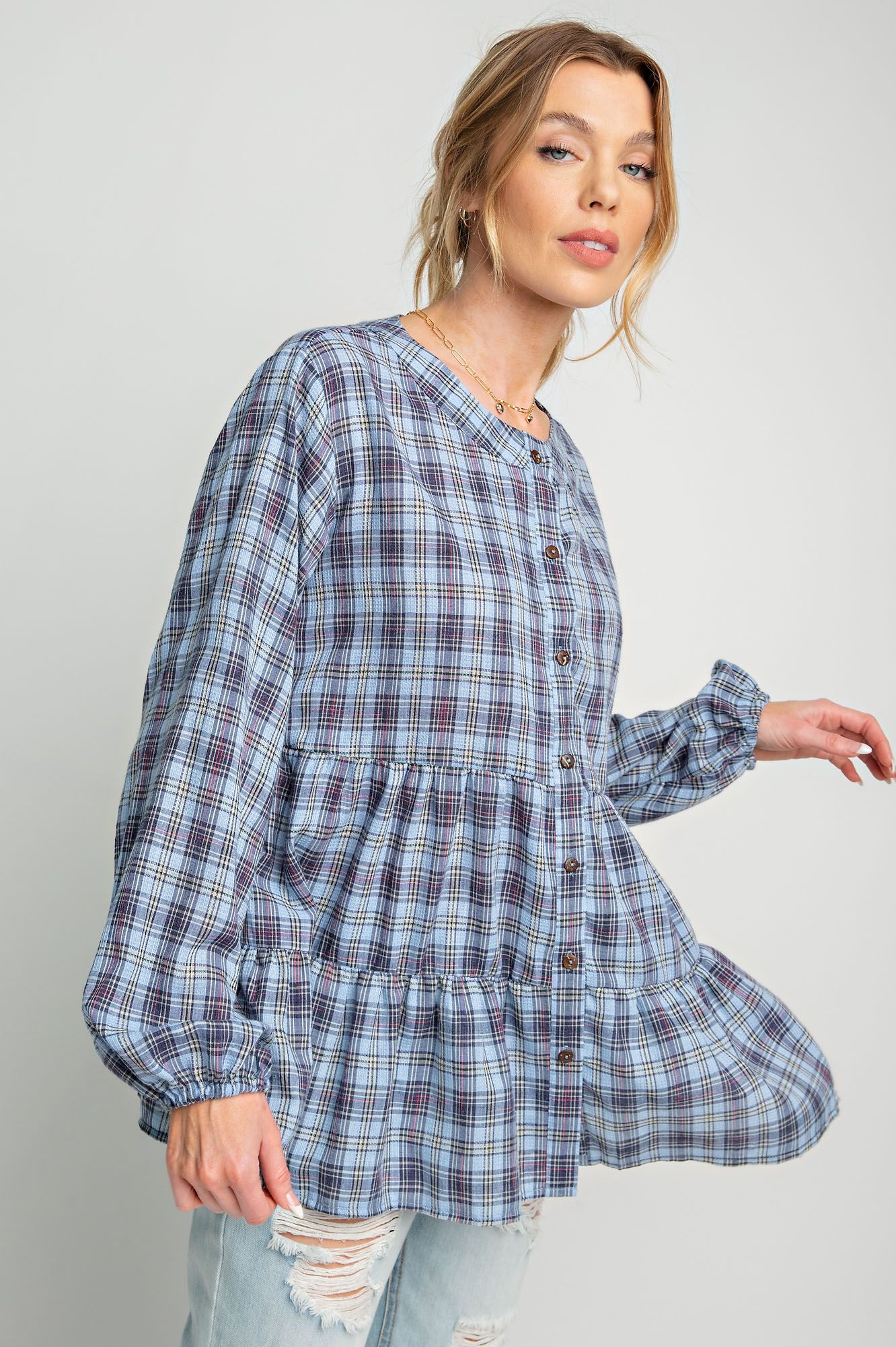 Easel Plus Plaid Printed Button Down Ruffle Tunic Tops