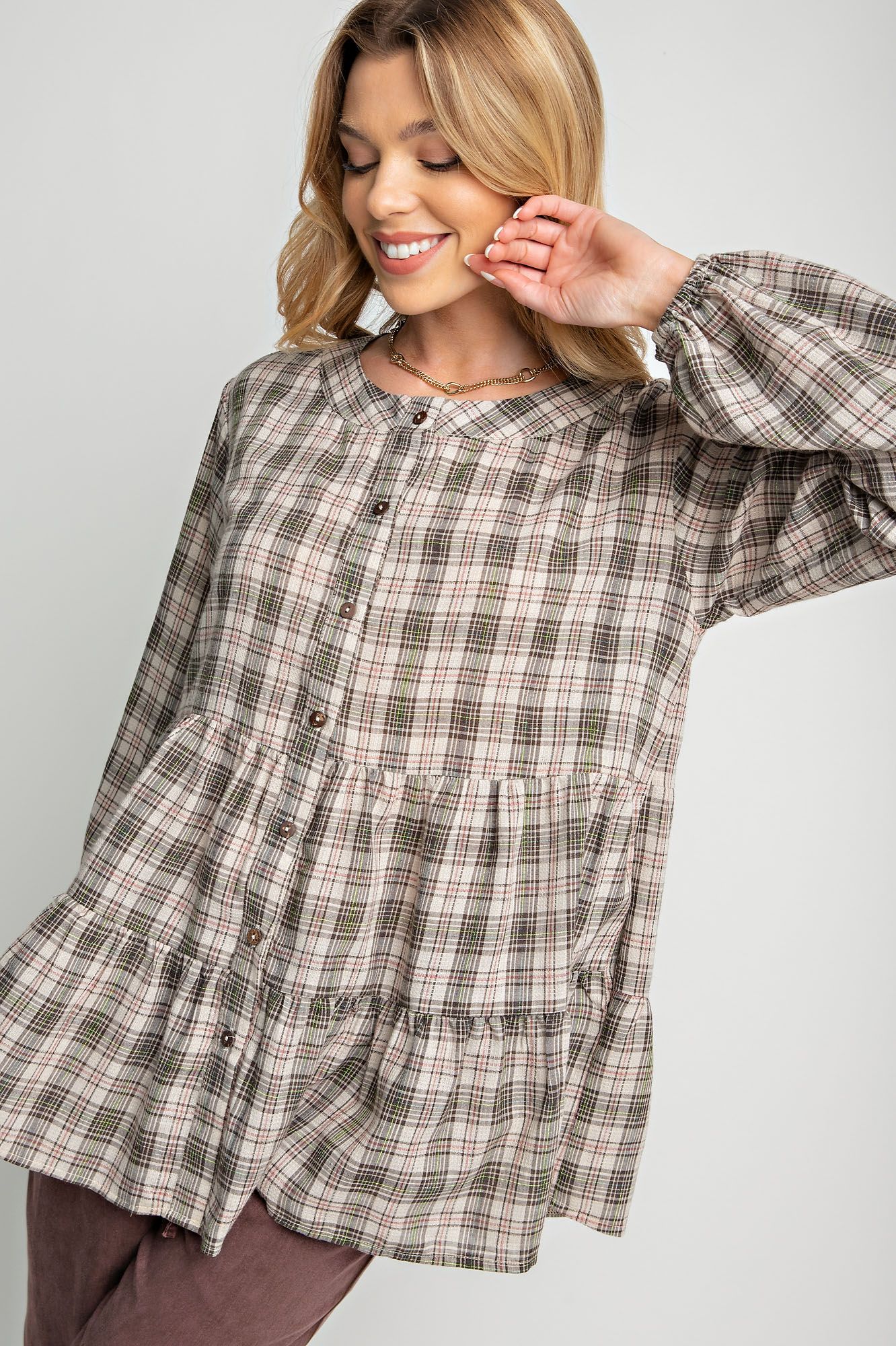 Easel Plus Plaid Printed Button Down Ruffle Tunic Tops