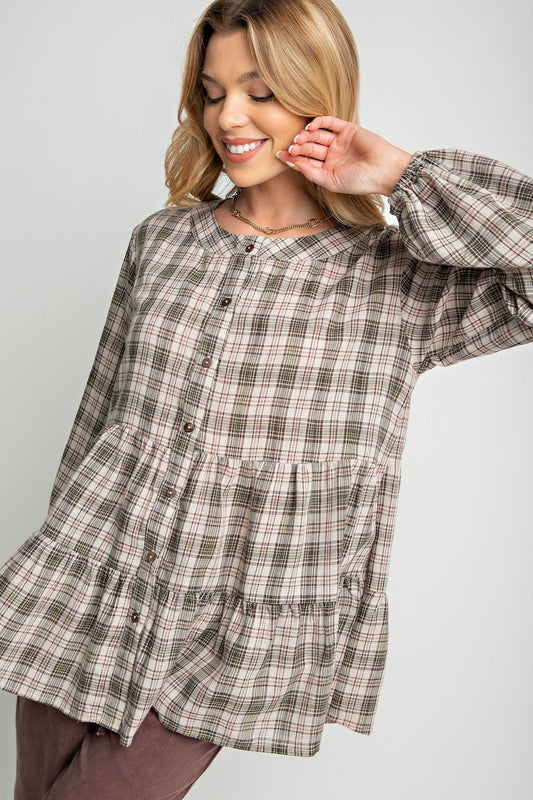 Easel Plus Plaid Printed Button Down Ruffle Tunic Tops