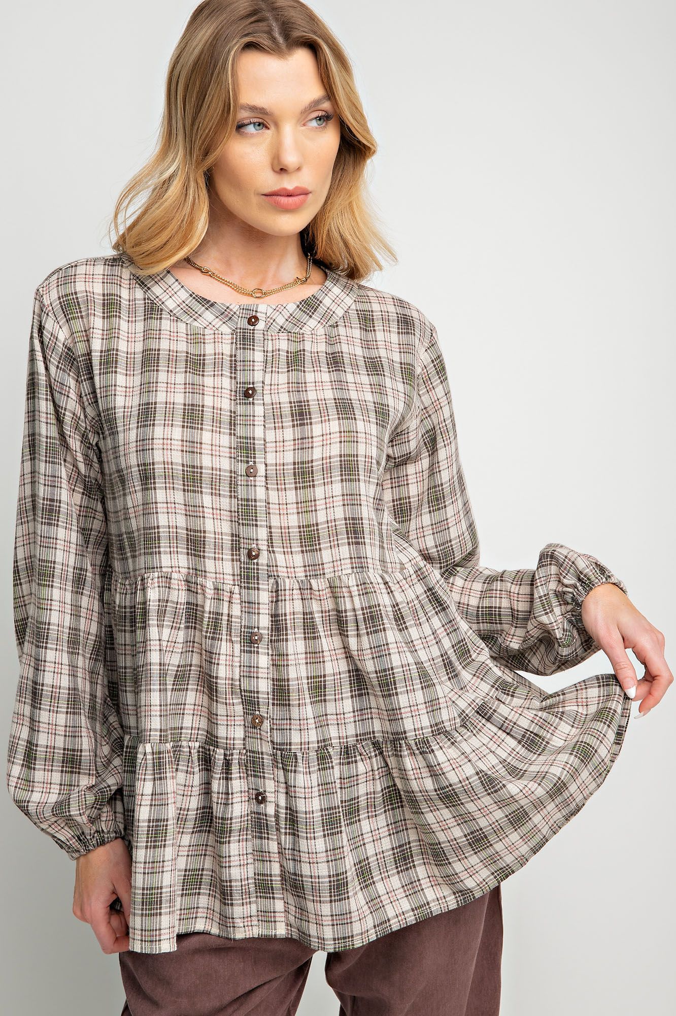 Easel Plus Plaid Printed Button Down Ruffle Tunic Tops