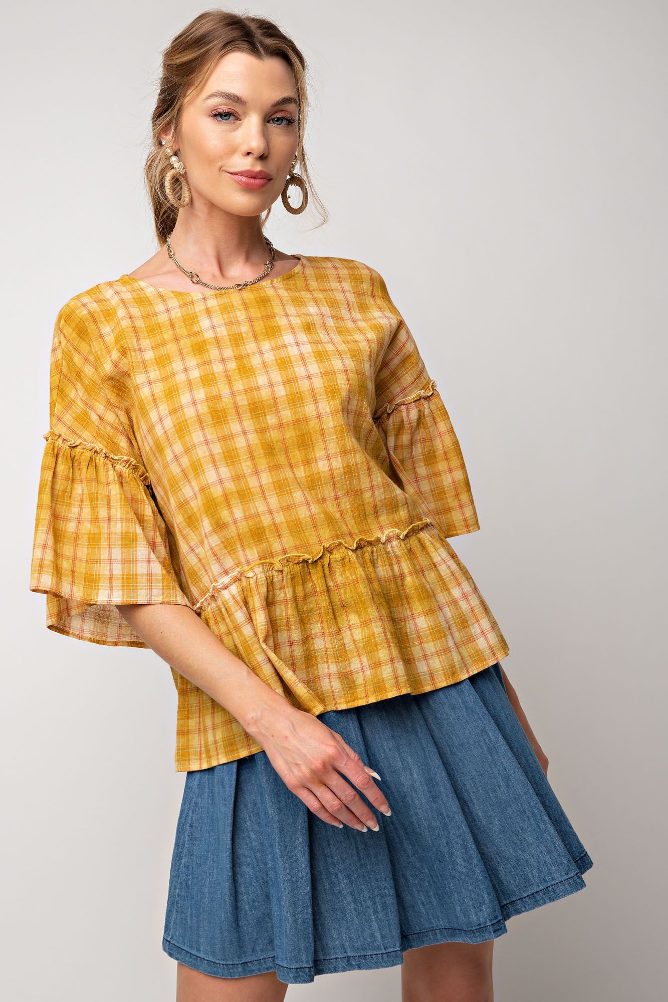 Easel Plus Overdye Washed Plaid Ruffle Bottom Tops