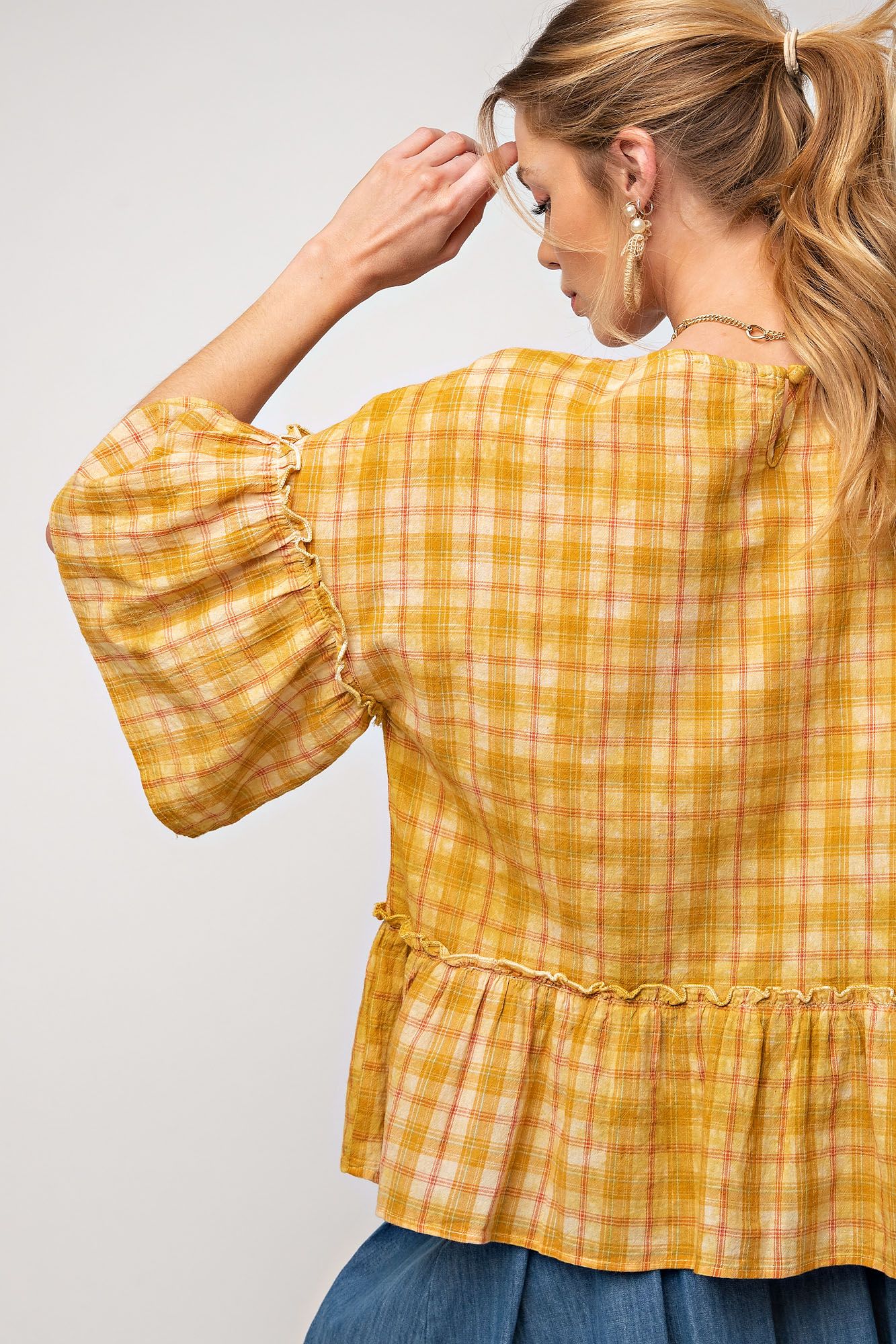 Easel Plus Overdye Washed Plaid Ruffle Bottom Tops