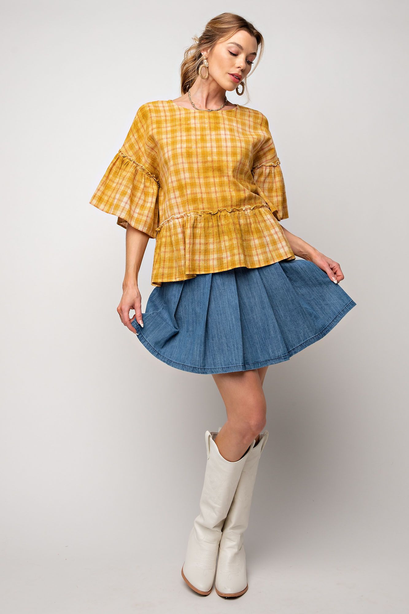 Easel Plus Overdye Washed Plaid Ruffle Bottom Tops