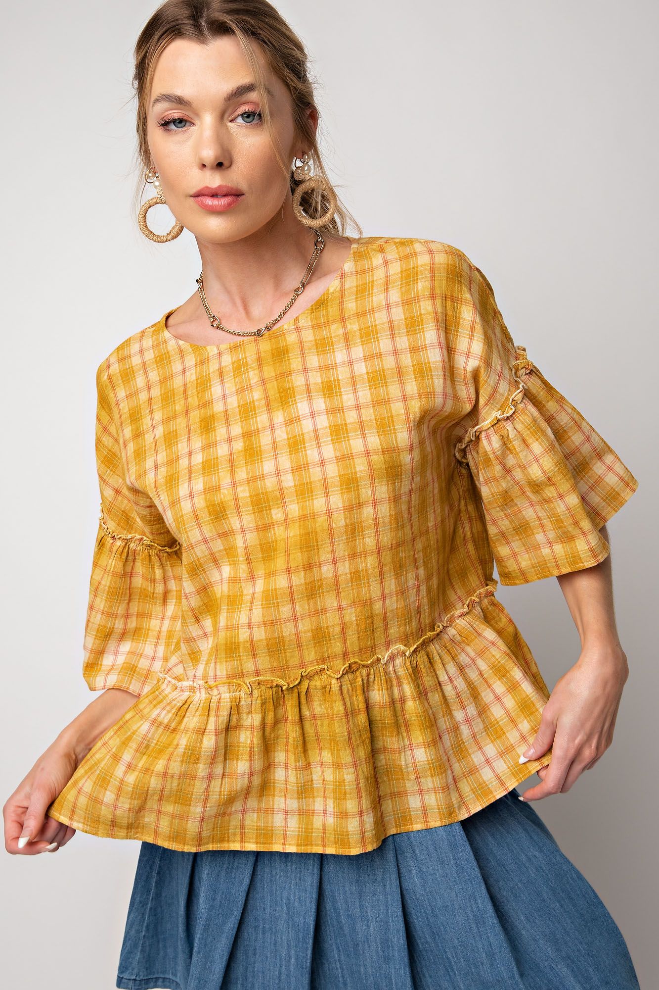Easel Plus Overdye Washed Plaid Ruffle Bottom Tops