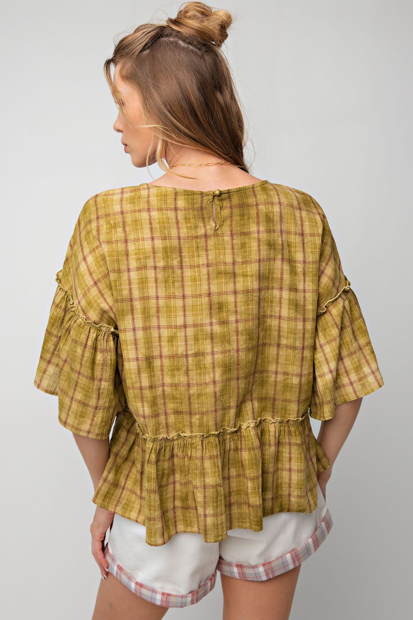 Easel Plus Overdye Washed Plaid Ruffle Bottom Tops