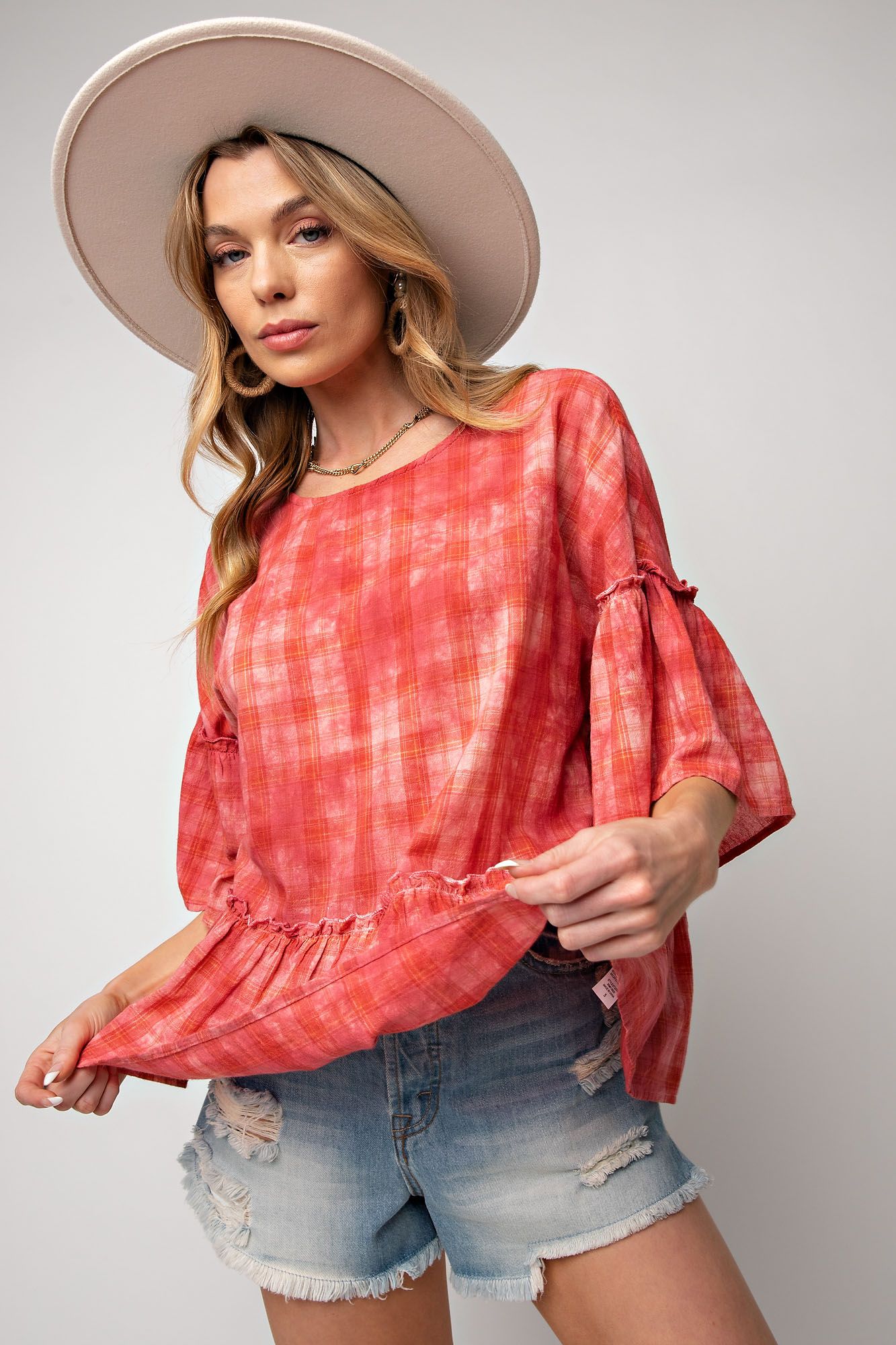 Easel Plus Overdye Washed Plaid Ruffle Bottom Tops