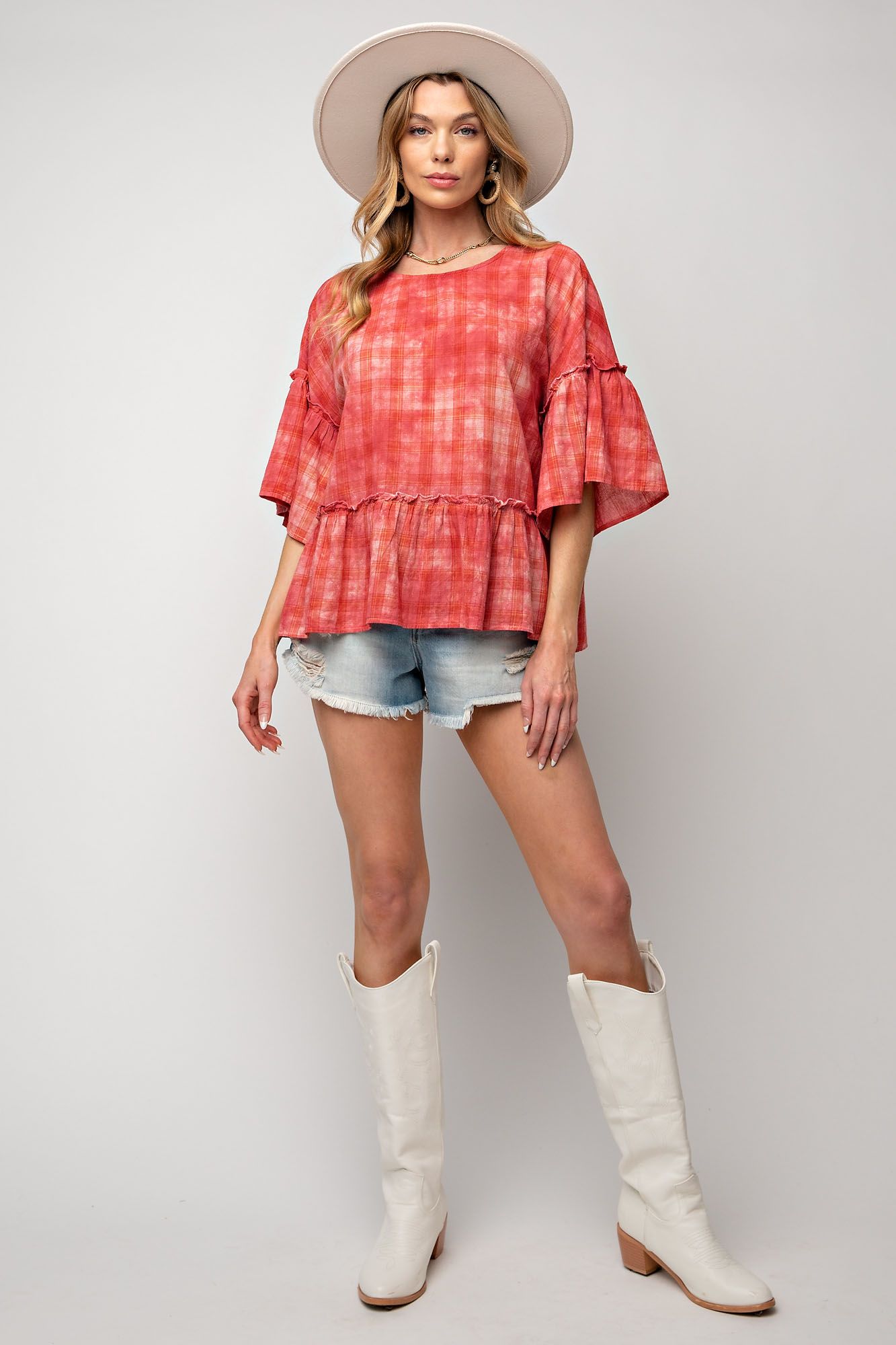 Easel Plus Overdye Washed Plaid Ruffle Bottom Tops