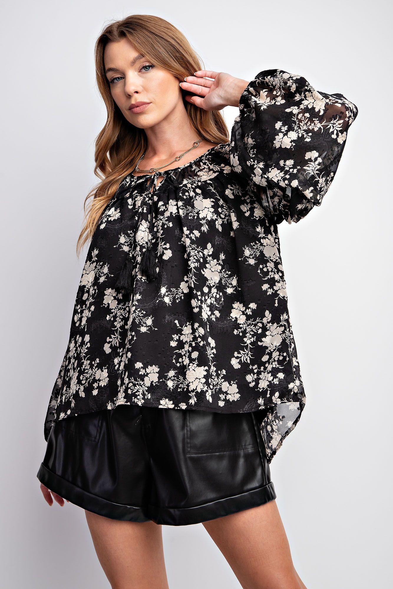 Easel Plus Floral Print Jacquard Chiffon Blouse Tops