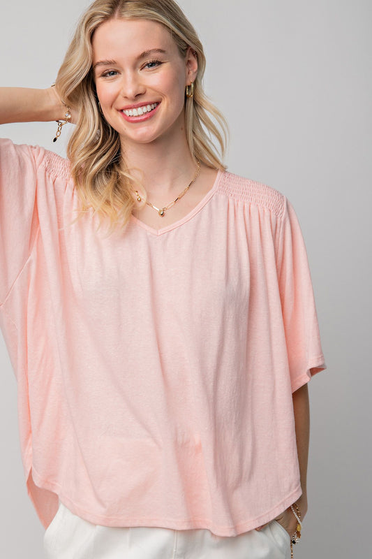 Easel Plus Cotton Melange Wing Sleeve Smocked Detail Knit Tops