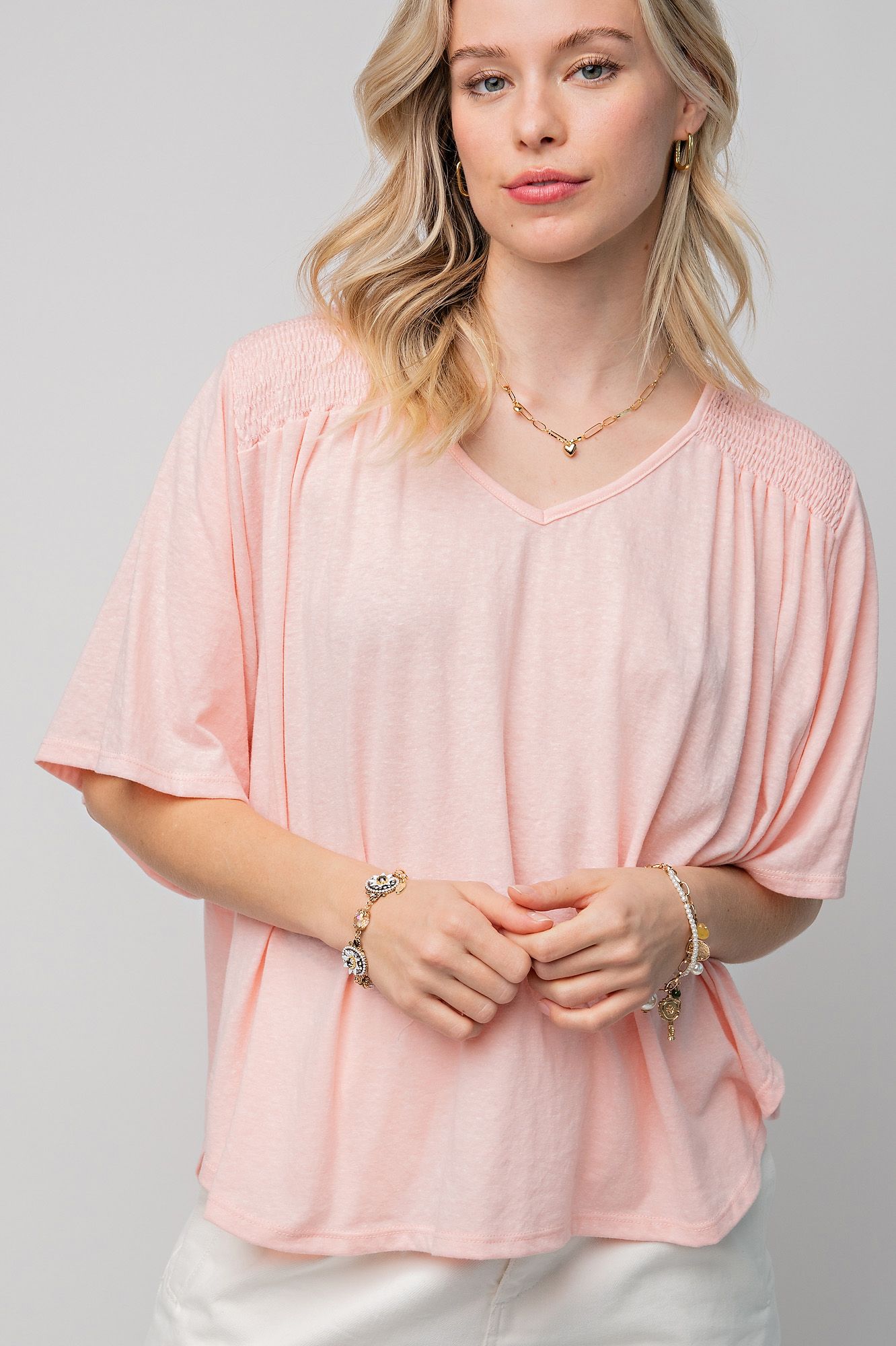 Easel Plus Cotton Melange Wing Sleeve Smocked Detail Knit Tops