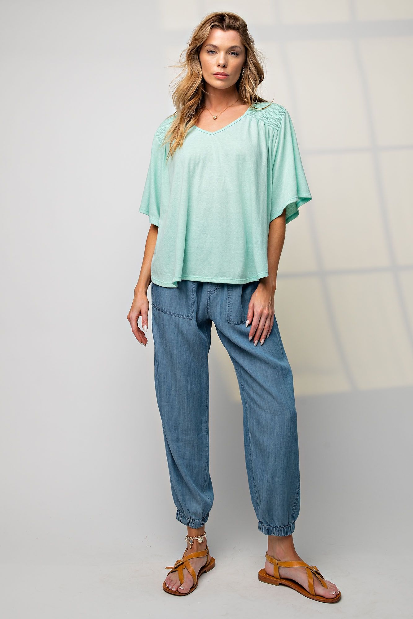 Easel Plus Cotton Melange Wing Sleeve Smocked Detail Knit Tops