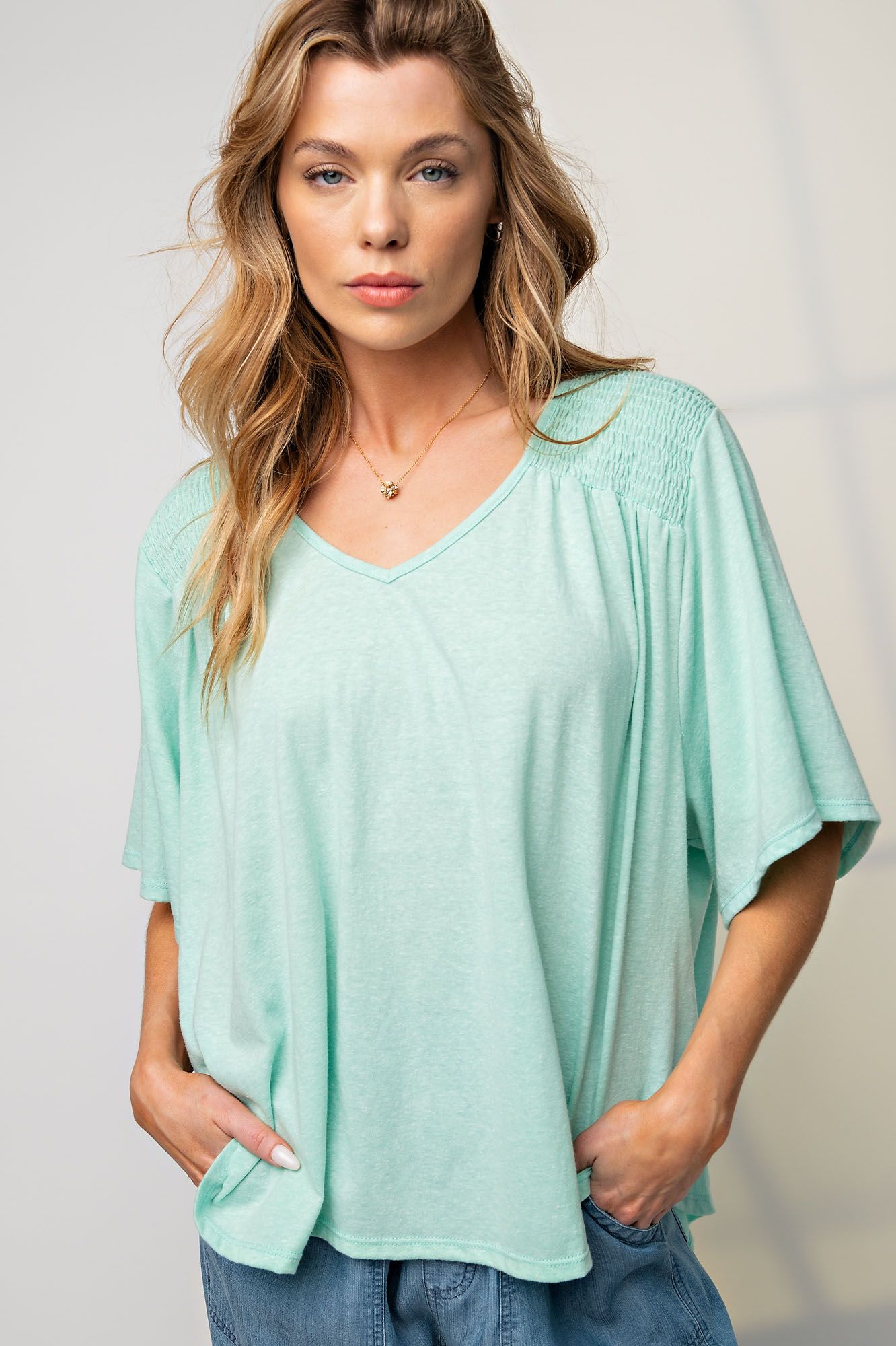 Easel Plus Cotton Melange Wing Sleeve Smocked Detail Knit Tops