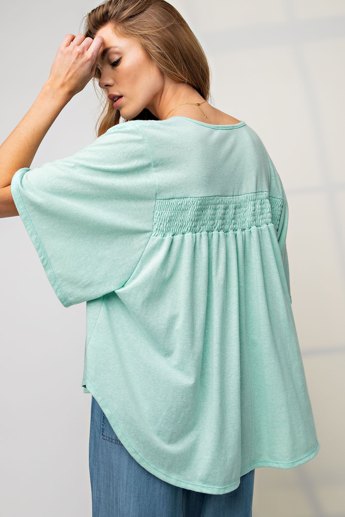 Easel Plus Cotton Melange Wing Sleeve Smocked Detail Knit Tops