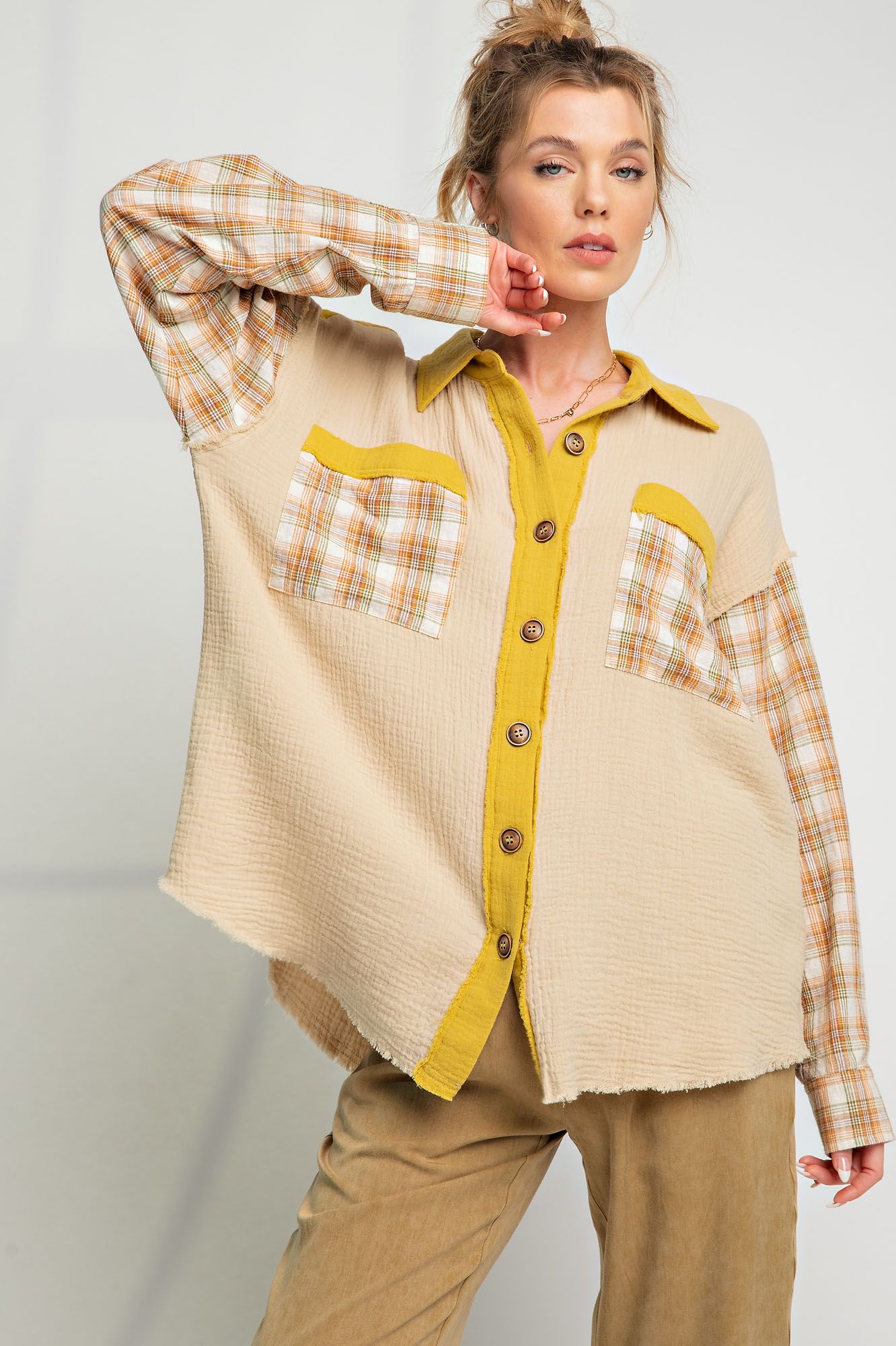 Easel Plus Plaid Mix Button Down Cotton Gauze Tops