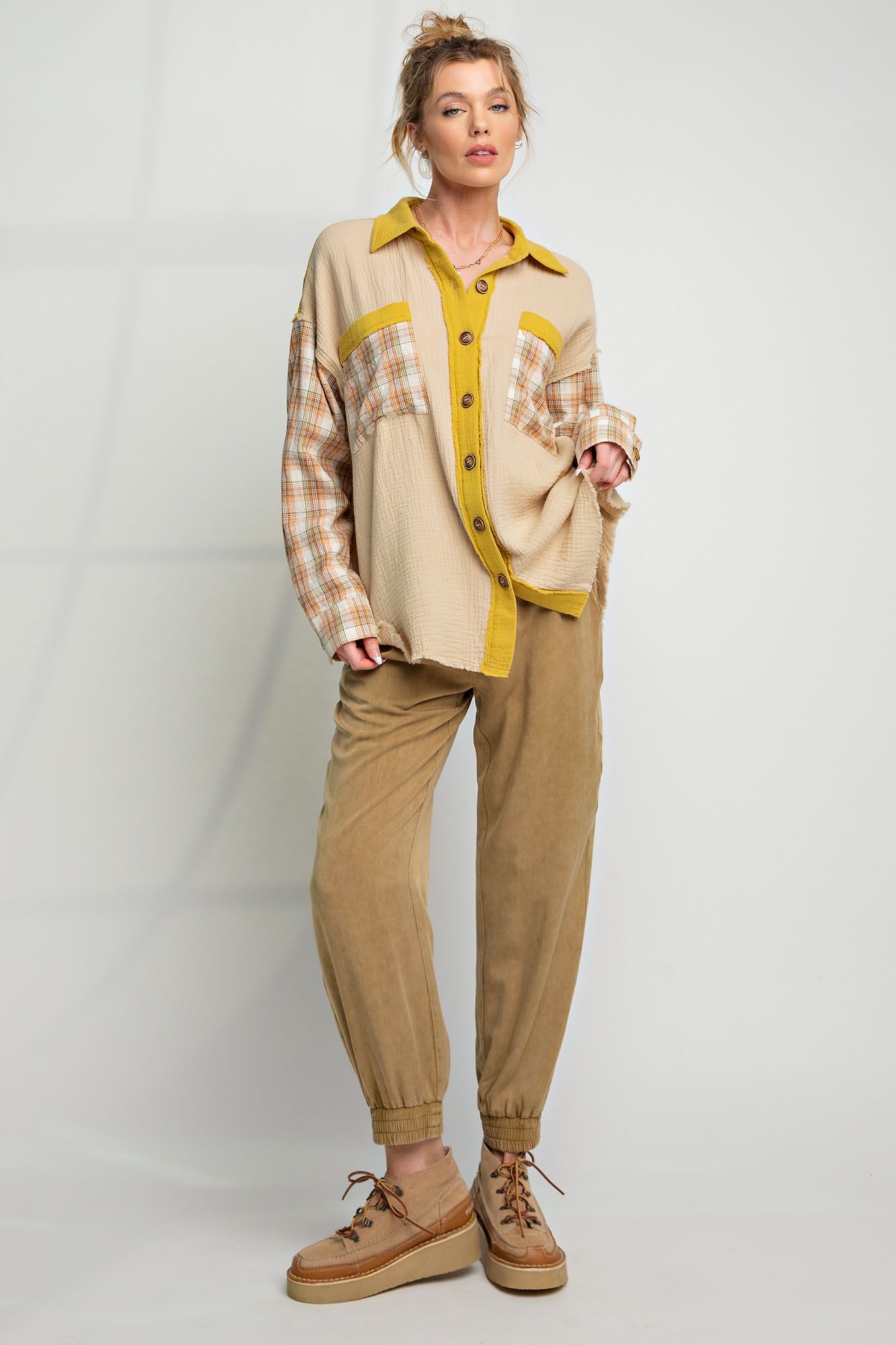 Easel Plus Plaid Mix Button Down Cotton Gauze Tops