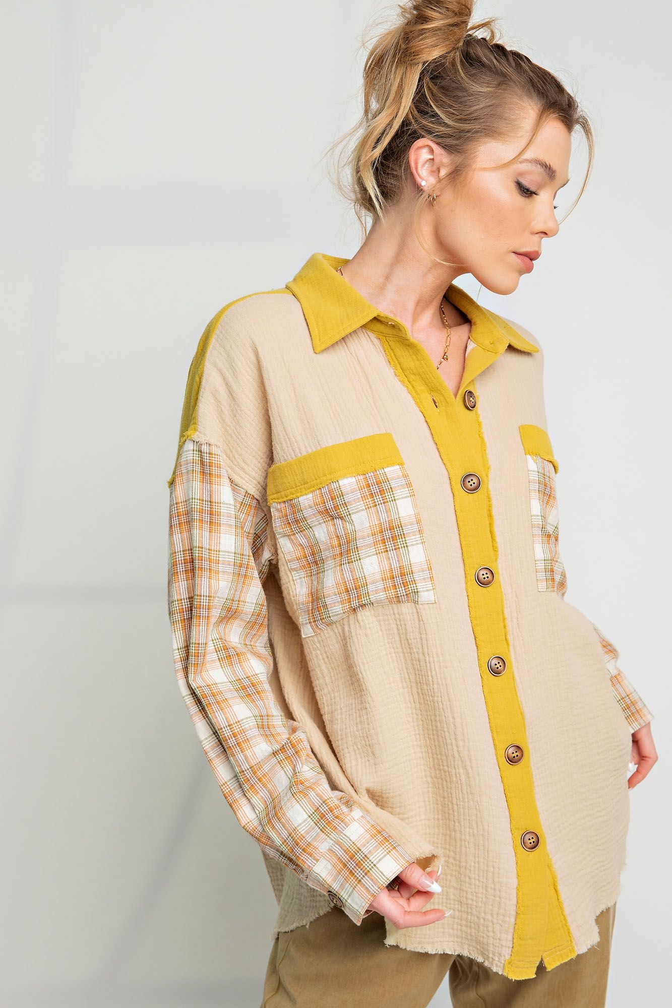 Easel Plus Plaid Mix Button Down Cotton Gauze Tops