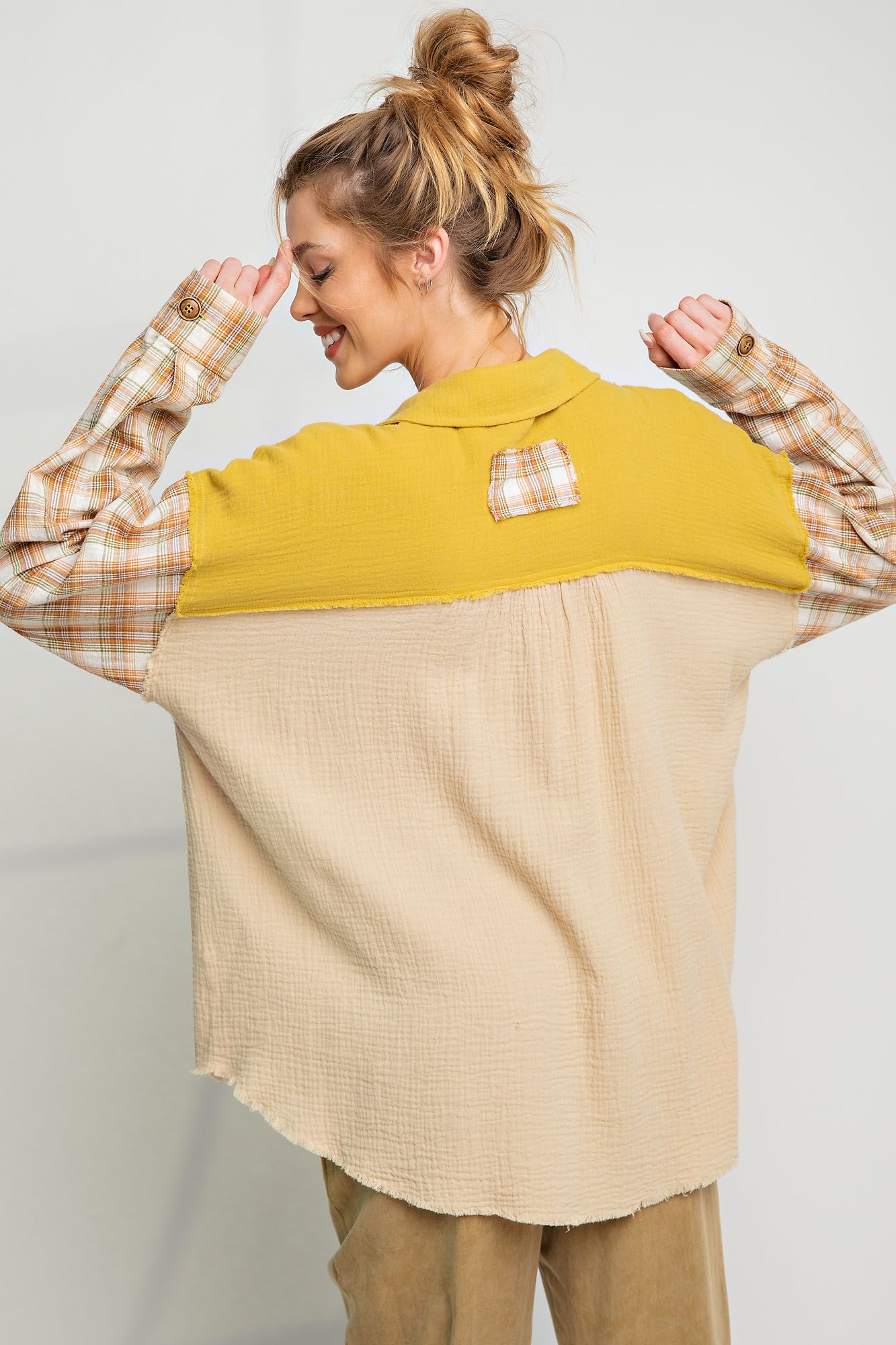 Easel Plus Plaid Mix Button Down Cotton Gauze Tops