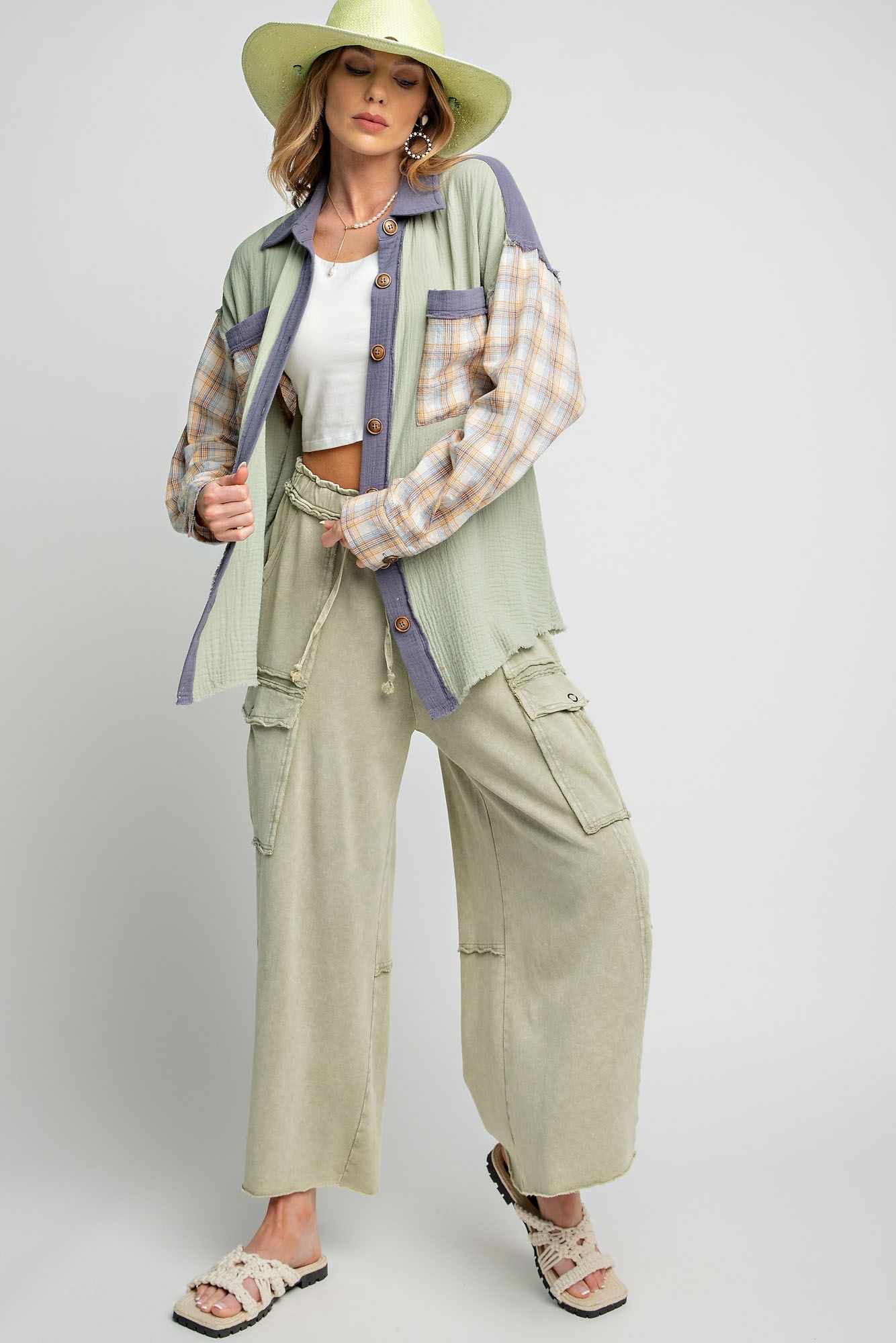 Easel Plus Plaid Mix Button Down Cotton Gauze Tops