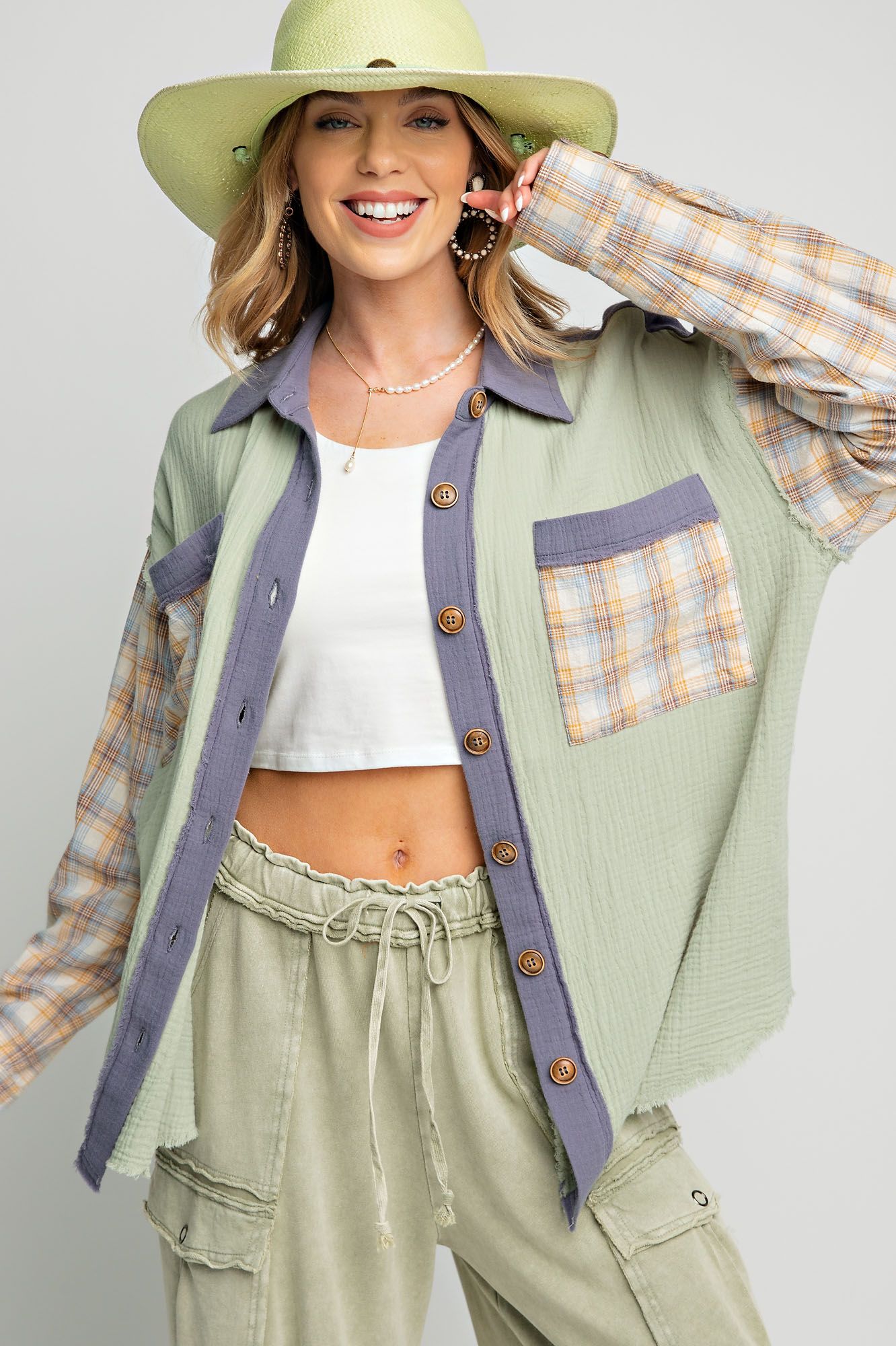Easel Plus Plaid Mix Button Down Cotton Gauze Tops