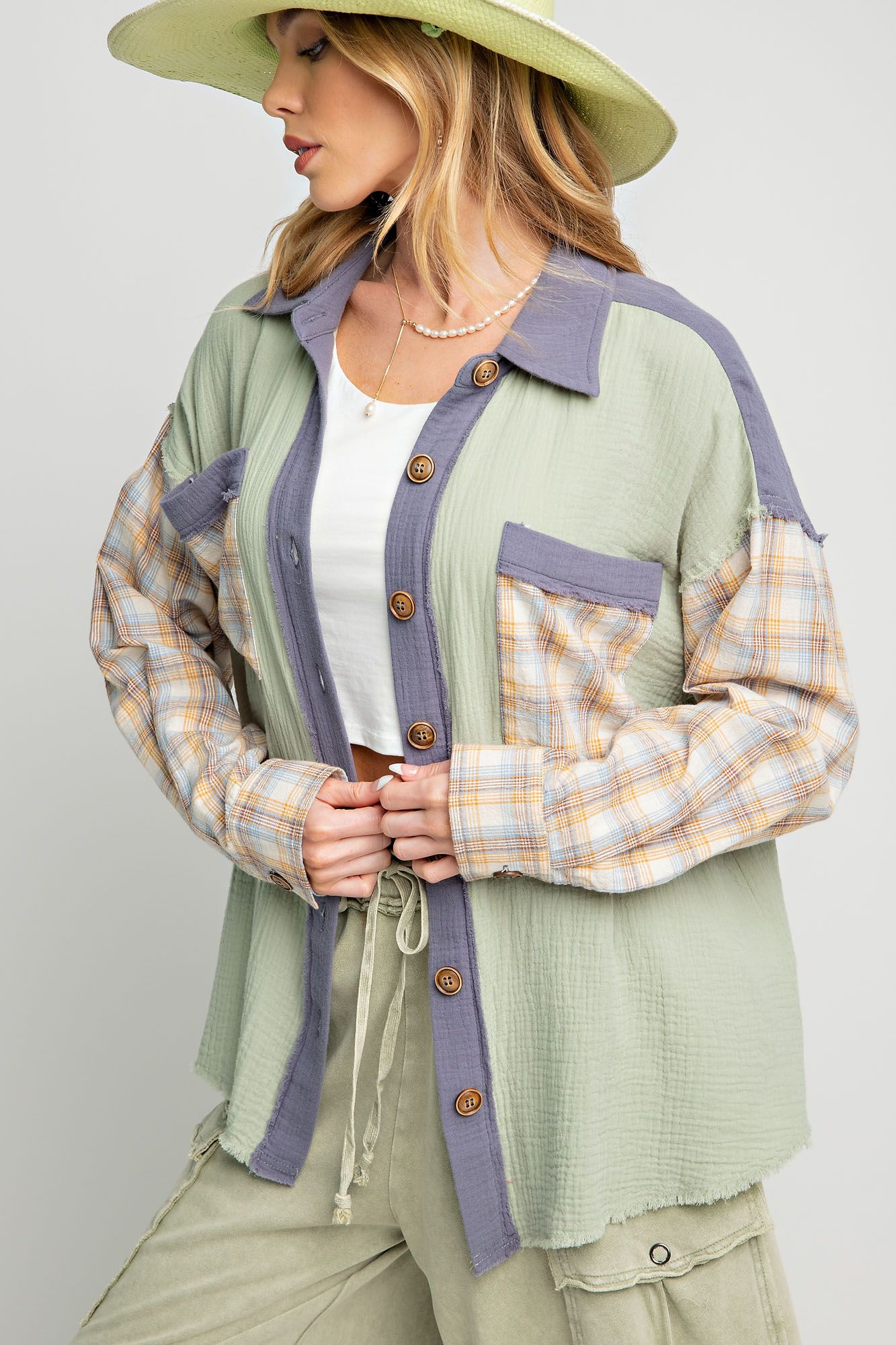 Easel Plus Plaid Mix Button Down Cotton Gauze Tops