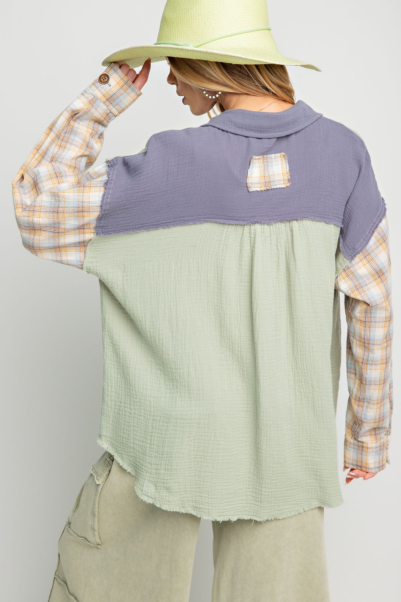 Easel Plus Plaid Mix Button Down Cotton Gauze Tops
