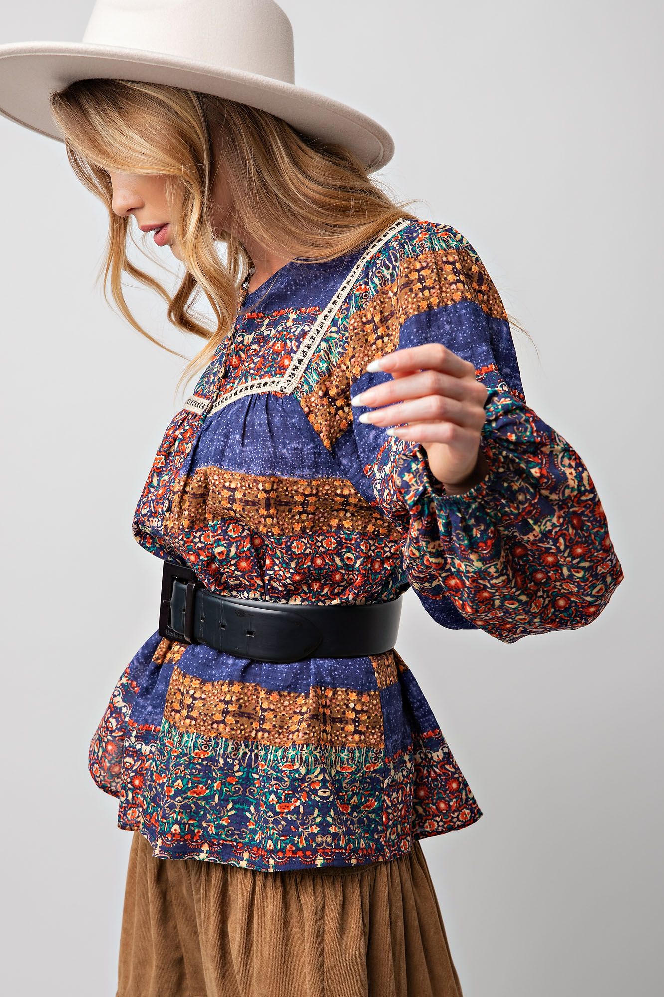 Easel Plus Boho Style Printed Cotton Voile Tops