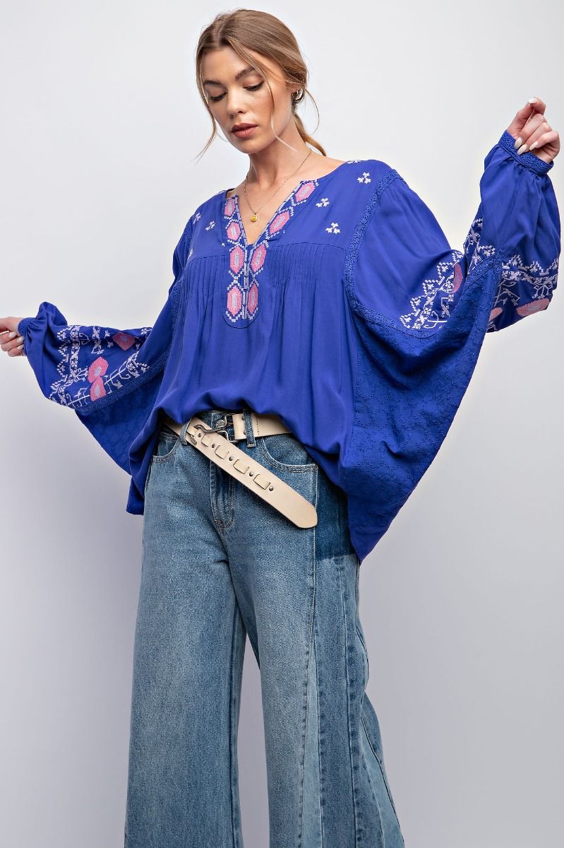 Easel Plus Challis Embroidered Notched Neck Loose Fit Tops