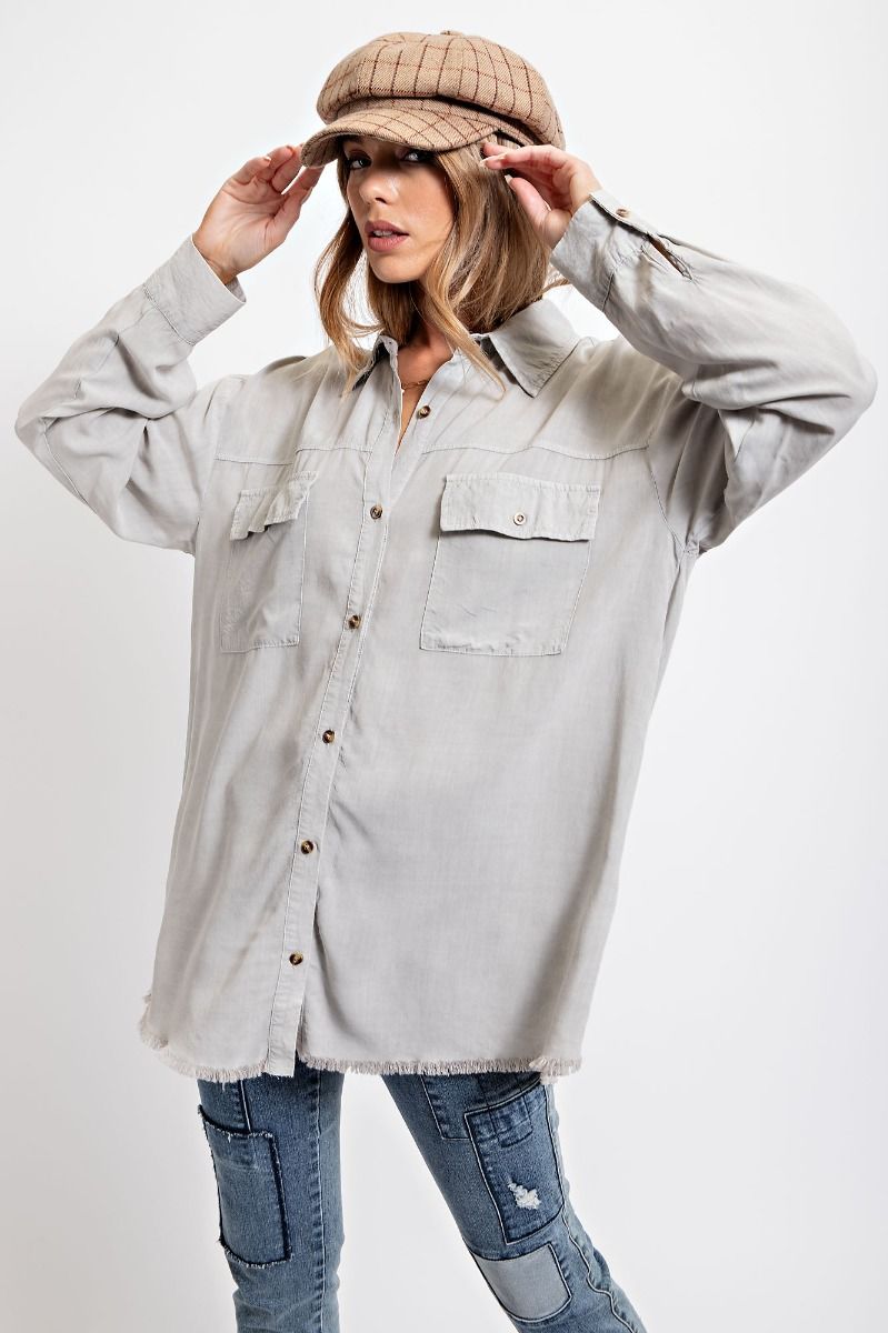 Easel Plus Washed Button Down Frayed Raw Bottom Hem Shirt Tops