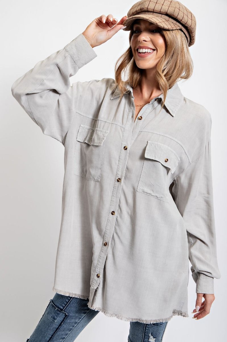 Easel Plus Washed Button Down Frayed Raw Bottom Hem Shirt Tops