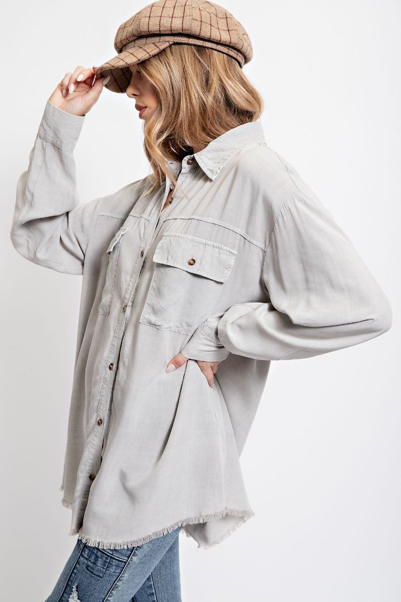 Easel Plus Washed Button Down Frayed Raw Bottom Hem Shirt Tops