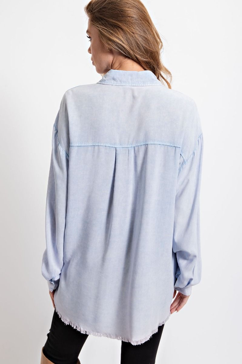 Easel Plus Washed Button Down Frayed Raw Bottom Hem Shirt Tops