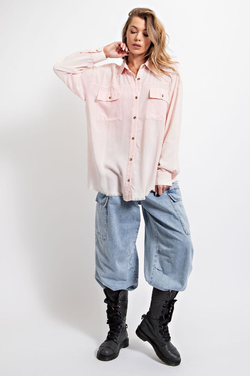 Easel Plus Washed Button Down Frayed Raw Bottom Hem Shirt Tops