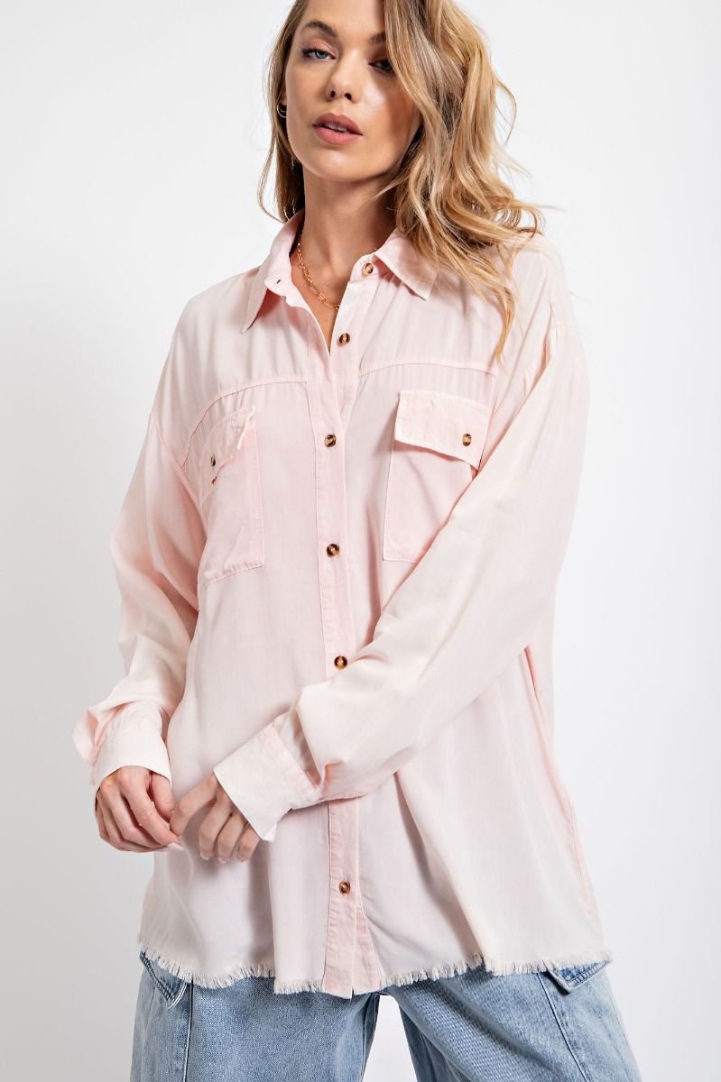 Easel Plus Washed Button Down Frayed Raw Bottom Hem Shirt Tops