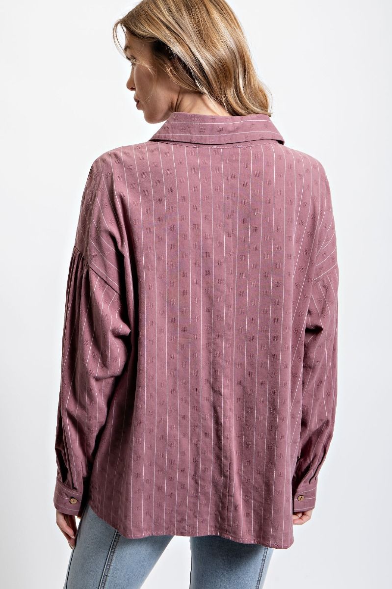 Easel Plus Poly Linen Pinstripe Twisted Button Down Tops